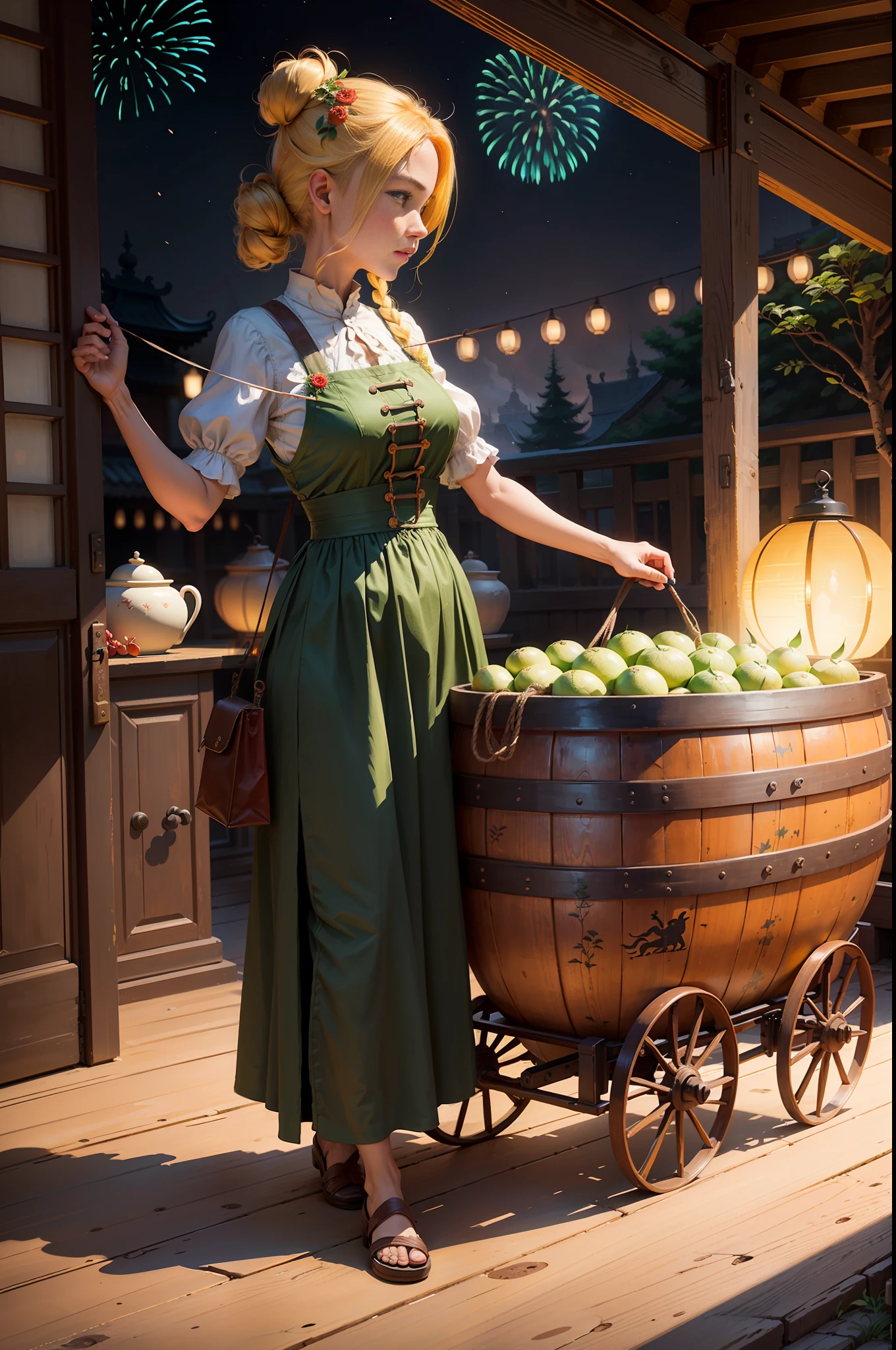 cute woman,dark green costume,(of the best quality)(masterpiece)(realistic)(detailed)
Night, dragon dances, fireworks,
Red walls, stone streets, roads, tiles, beams, wooden doors, crocks, green trees, vegetation, flowers, stone floors,
Red earth walls, red wooden beams, red lanterns,
Steamed bun, steamer, chopsticks, porcelain bowl, wine jar, vase, yellow dog, lying, lying
Carriages, chests, rivets, ropes, hooks, clamps, rattles,
Crowds, children, women, young, old, shopping, leisure, fun, decorating, playing,
Eastern, traditional, ancient, dystopian, delicate, soft, bright, cheerful,
Song
