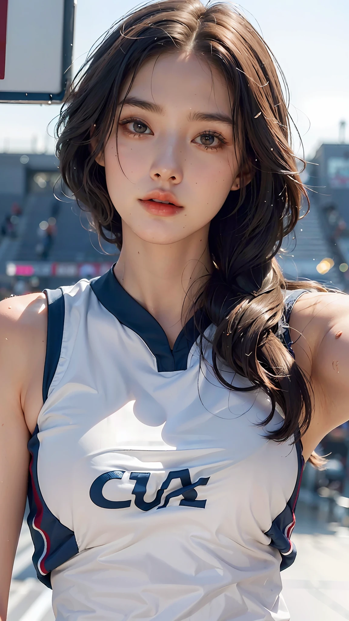 Top Quality, Ultra High Resolution, (Photorealistic: 1.4), 8K Resolution, (Woman in Basketball uniform), (Random Hair: 1.3), (Realistic Hair: 1.2), (Realistic Eyes: 1.2), (Beauty Face: 1.3), (large breasts), (Wet Skin: 1.3),(dynamic angle:1.3),