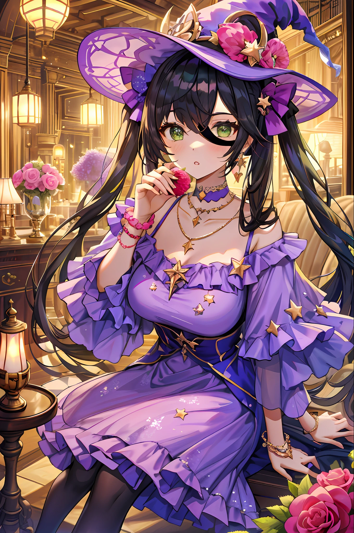 torino aqua, 2girls, alternate costume, black hair, blonde hair, book, bottle, bracelet, breasts, brooch, candle, candlestand, choker, crescent necklace, cup, dress, earrings, eyepatch, fischl \(genshin impact\), flower, food, fruit, genshin impact, grapes, green eyes, hair ornament, hand on headwear, hat, hat flower, highres, holding, holding book, holding food, holding fruit, indoors, jewelry, lamp, lantern, lens flare, long hair, looking at viewer, mona \(genshin impact\), multiple girls, necklace, pantyhose, parted lips, pink flower, pink rose, purple choker, purple dress, rose, scrunchie, sitting, solo focus, spaghetti strap, sparkle print, star \(symbol\), star hair ornament, thighlet, torino aqua, twintails, two side up, very long hair, witch hat, wrist scrunchi,