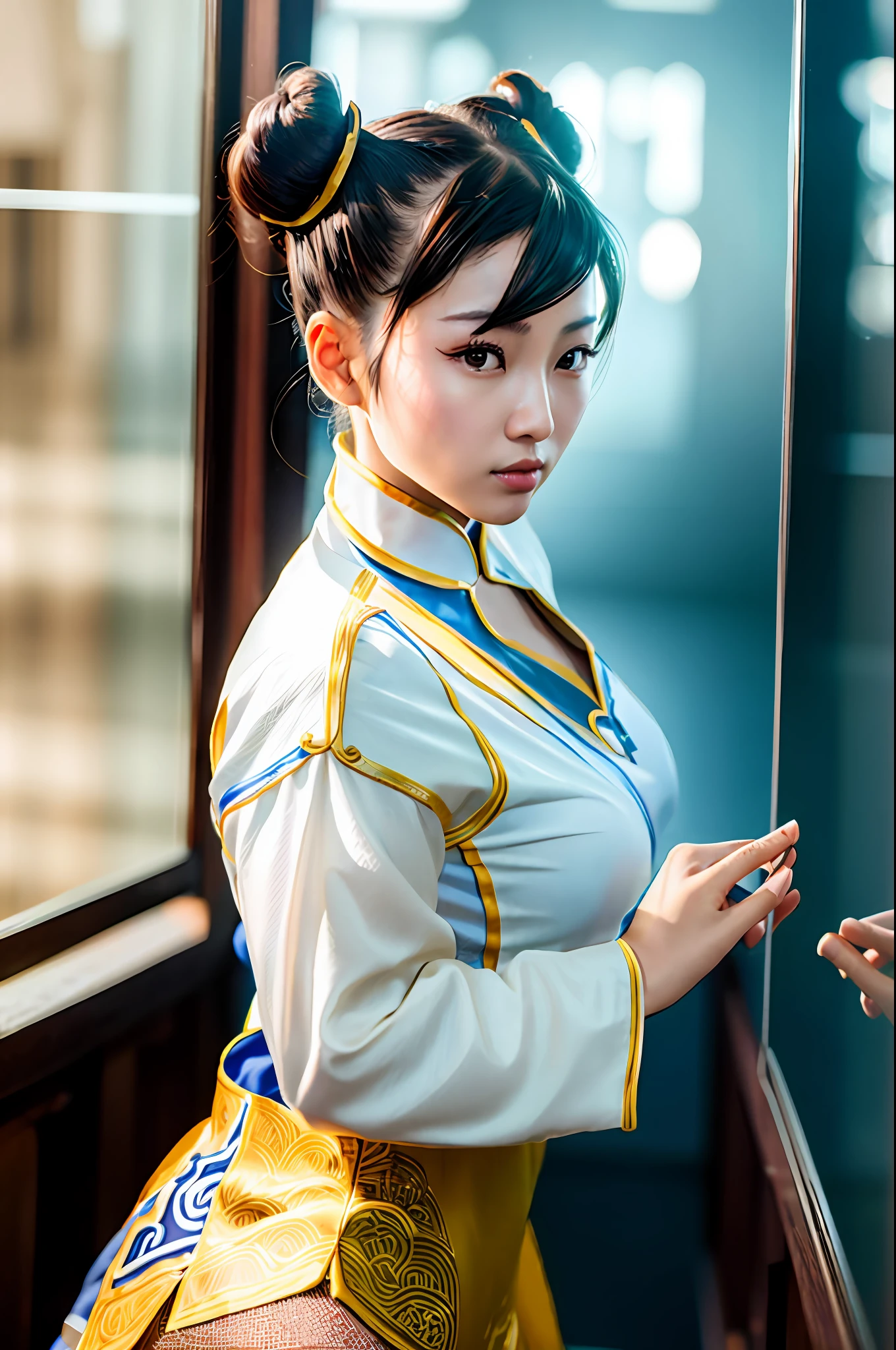 chunlims, beautiful chinese woman, age 40, double buns hair style, brown hair ,ultra realistic, natural lights, wide angle, 16k, photography, glass wall, uhd, masterpiece