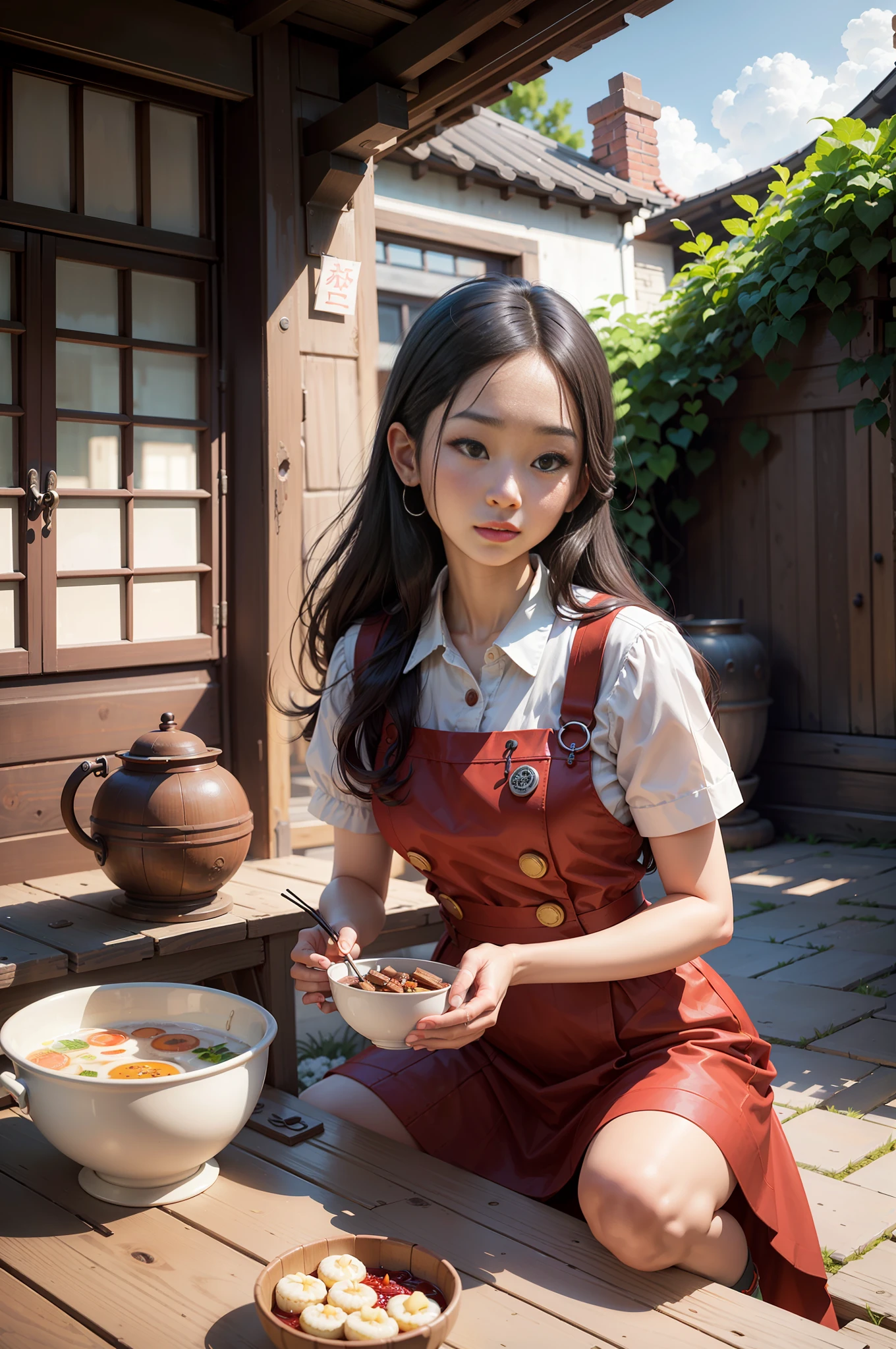 cute woman,red uniform,halfbody shot,hyperdetailed,(of the best quality)(masterpiece)(realistic)(detailed)
Night, dragon dances, fireworks,
Red walls, stone streets, roads, tiles, beams, wooden doors, crocks, green trees, vegetation, flowers, stone floors,
Red earth walls, red wooden beams, red lanterns,
Steamed bun, steamer, chopsticks, porcelain bowl, wine jar, vase, yellow dog, lying, lying
Carriages, chests, rivets, ropes, hooks, clamps, rattles,
Crowds, children, women, young, old, shopping, leisure, fun, decorating, playing,
Eastern, traditional, ancient, dystopian, delicate, soft, bright, cheerful,
Song,pureerosface_v1,ulzzang-6500-v1.1