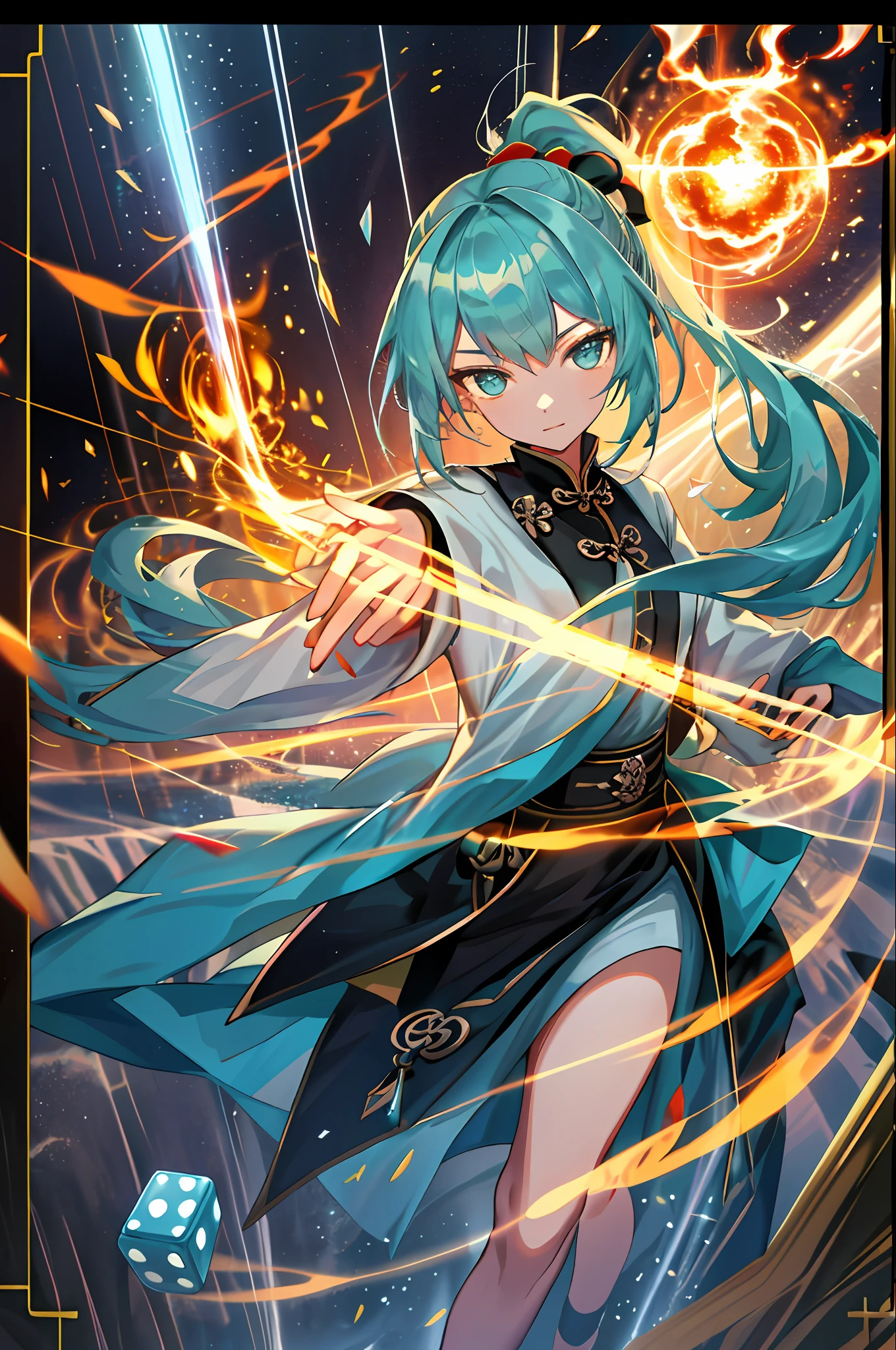1Girl, Card Game Illustration, Dice, Trouble, Telegraph, Flower, Lighting Effects, Movie Lighting, Lightning, Meteor, Meteor Shower, Flame, Reiki, Fire Black Chinese Clothes, Pony Tail, (Floating Object: 1.2), Turin Aqua