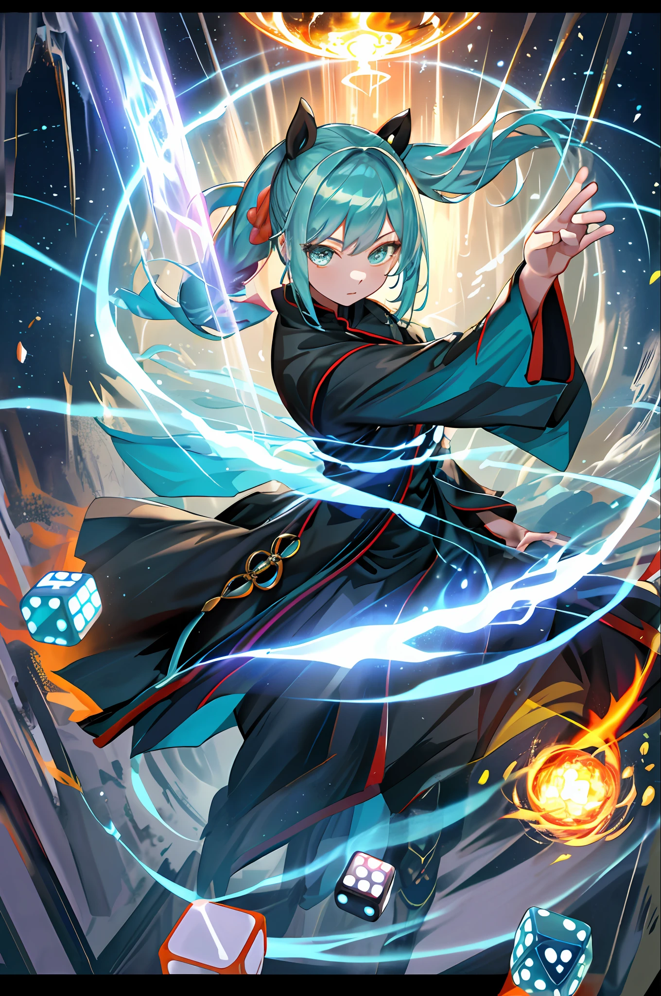 1Girl, Card Game Illustration, Dice, Trouble, Telegraph, Flower, Lighting Effects, Movie Lighting, Lightning, Meteor, Meteor Shower, Flame, Reiki, Fire Black Chinese Clothes, Pony Tail, (Floating Object: 1.2), Turin Aqua