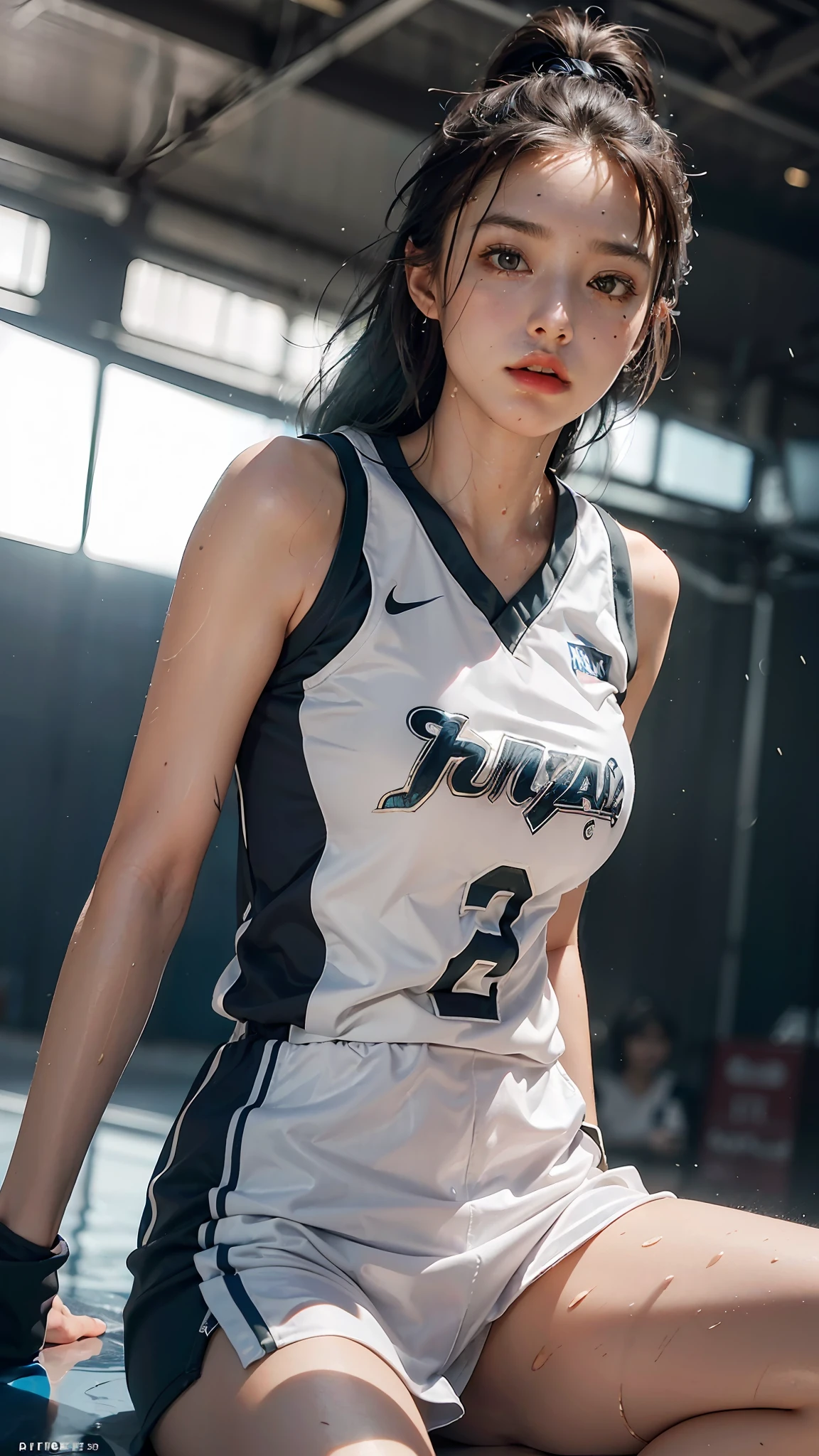 Top Quality, Ultra High Resolution, (Photorealistic: 1.4), 8K Resolution, (Woman in Basketball uniform), (Random Hair: 1.3), (Realistic Hair: 1.2), (Realistic Eyes: 1.2), (Beauty Face: 1.3), (large breasts), (Wet Skin: 1.3),(dynamic angle:1.5),(furrowed brow),