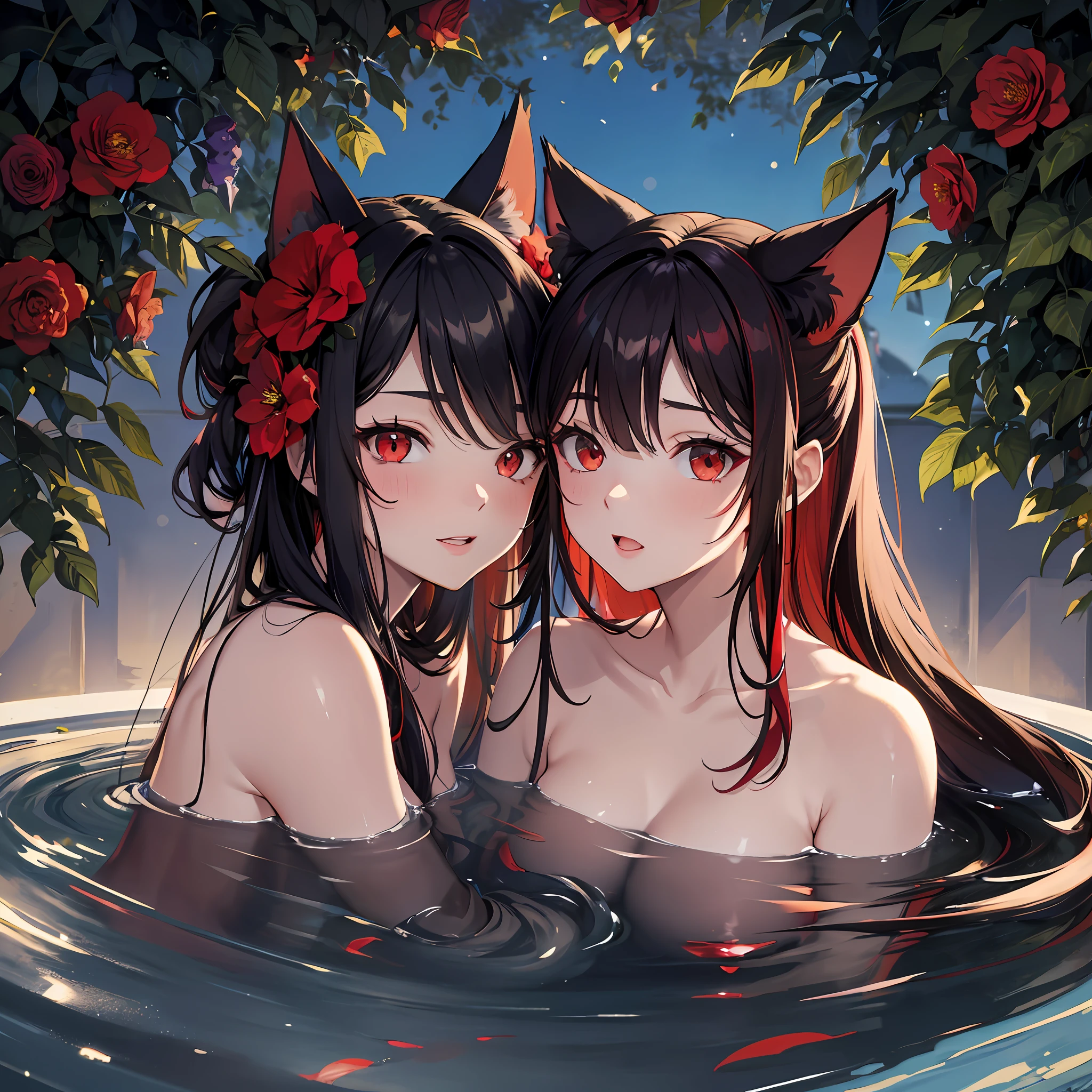 masterpiece, high resolution, high quality, open-air bath, night, two girls, bath towel, red hair ornament, big, cat ears, floral pattern, red eyes, black hair, ponytail, bath towel, black hair ornament, big, floral, red eyes, beige hair, ponytail, extensions, NSFW, seduction, kissing
