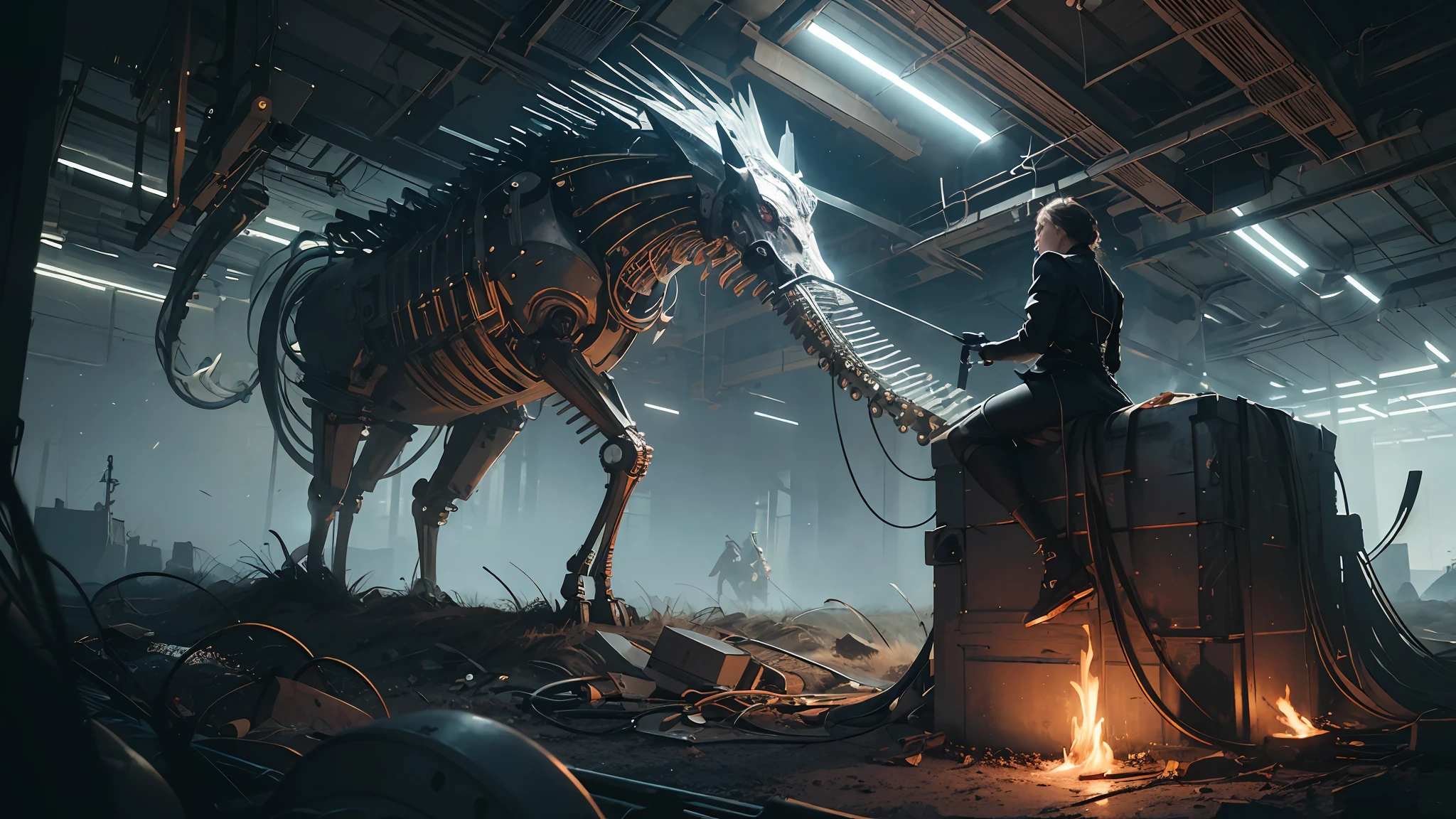 (masterpiece,best quality:1.3), unity 8k wallpaper, (ultra-detailed:1.3), (highly detailed CG illustration), (an extremely delicate and beautiful),from side,cinematic light,(1mechanical girl),solo,full body,(machine made joints),mechanical limbs,blood vessels connected to tubes,mechanical vertebra attaching to back,(mechanical cervial attaching to neck),sitting,expressionless,wires and cables attaching to neck and body ,character focus,science fiction,RAW photo, cinematic masterpiece, majestic epic composition, (movie scene), full shot, epic dynamic frame, dynamic pose, motion blur, sci-fi, cyber, (((cinematic look))), rim light, film grain, natural skin texture, 24mm, 4k textures, (highly detailed worn metal texture:1.3)