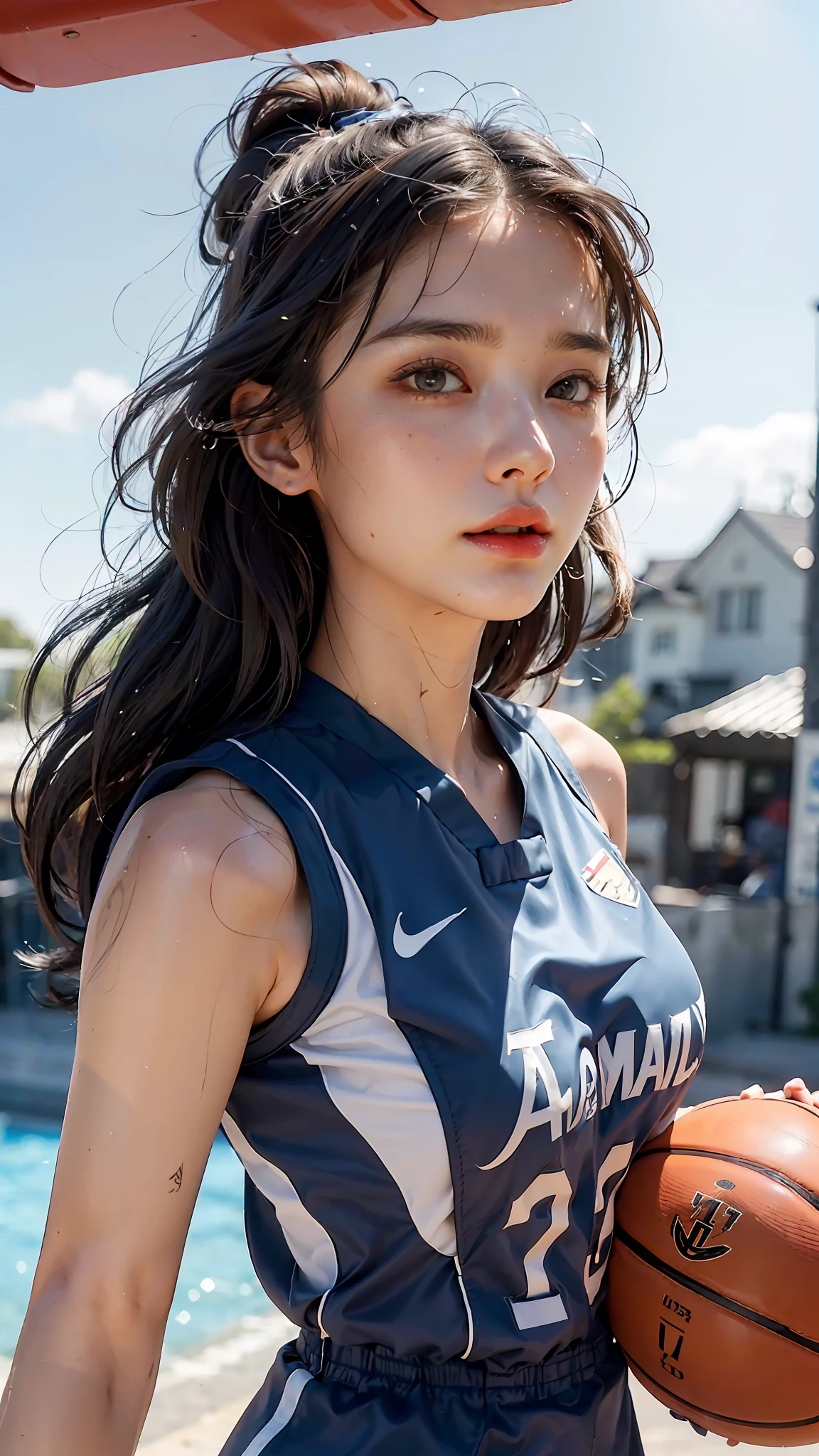 Top Quality, Ultra High Resolution, (Photorealistic: 1.4), 8K Resolution, (Woman in Basketball uniform), (Random Hair: 1.3), (Realistic Hair: 1.2), (Realistic Eyes: 1.2), (Beauty Face: 1.3), (large breasts), (Wet Skin: 1.3),(dynamic angle:1.5),(furrowed brow),