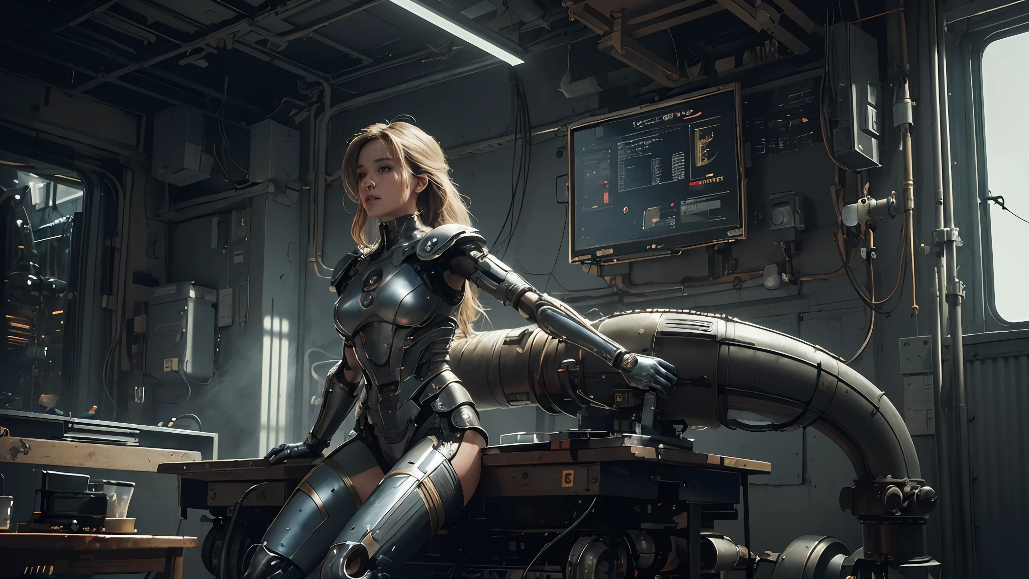 (masterpiece,best quality:1.3), unity 8k wallpaper, (ultra-detailed:1.3), (highly detailed CG illustration), (an extremely delicate and beautiful),from side,cinematic light,(1mechanical girl),solo,full body,(machine made joints),mechanical limbs,blood vessels connected to tubes,mechanical vertebra attaching to back,(mechanical cervial attaching to neck),sitting,expressionless,wires and cables attaching to neck and body ,character focus,science fiction,RAW photo, cinematic masterpiece, majestic epic composition, (movie scene), full shot, epic dynamic frame, dynamic pose, motion blur, sci-fi, cyber, (((cinematic look))), rim light, film grain, natural skin texture, 24mm, 4k textures, (highly detailed worn metal texture:1.3)