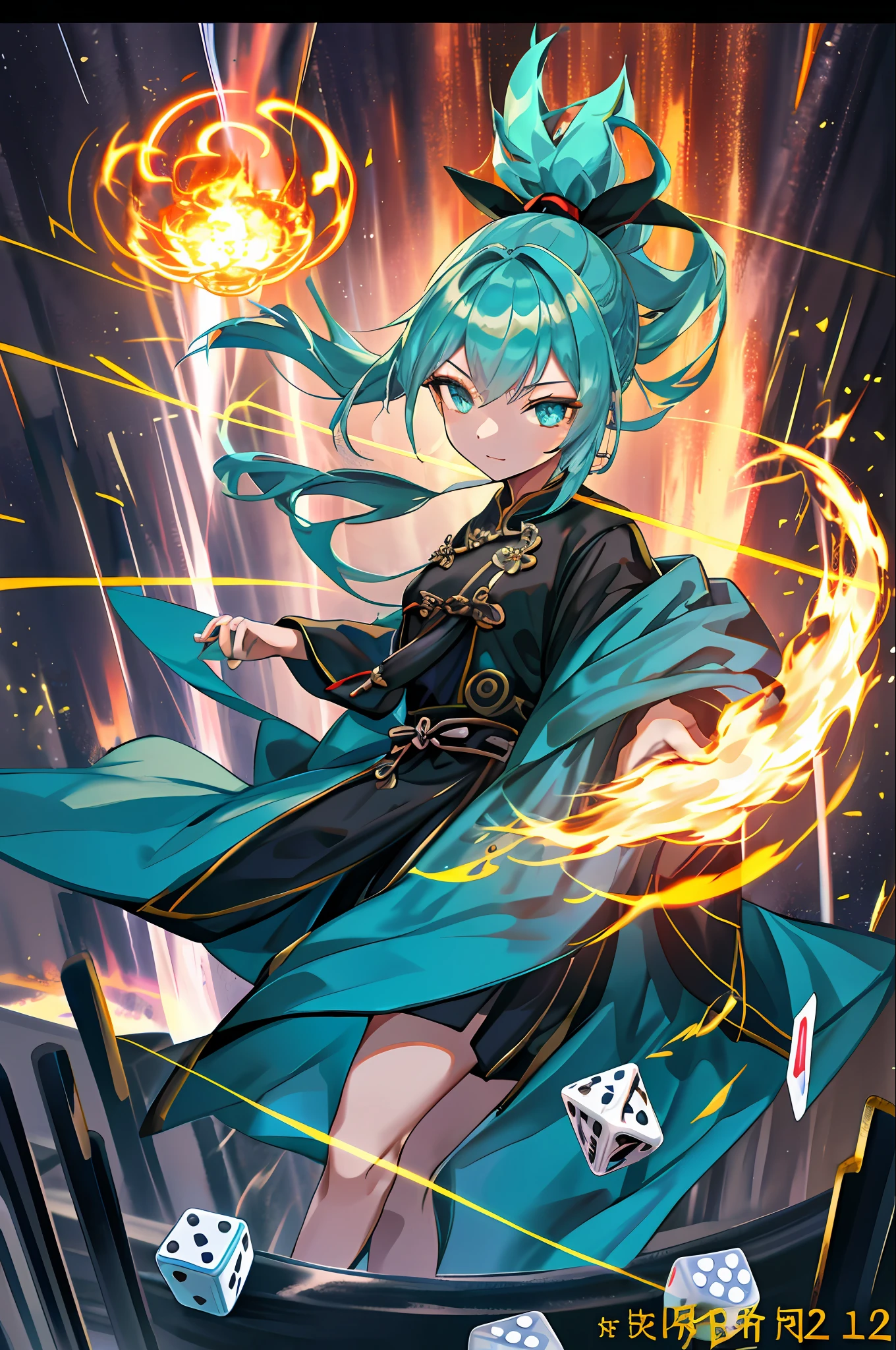 1Girl, (Card Game Illustration, Dice, Trouble), Telegraph, Flower, Lighting Effects, Movie Lighting, Lightning, Meteor, Meteor Shower, Flame, Reiki, Fire Black Chinese Clothes, Ponytail, (Floating Object: 1.2), Turin Aqua