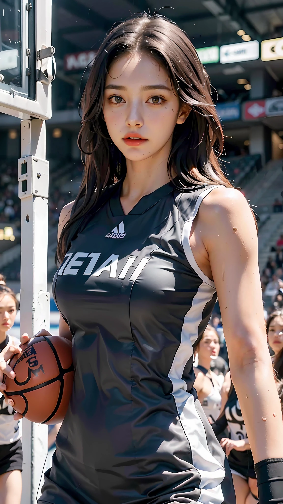 Top Quality, Ultra High Resolution, (Photorealistic: 1.4), 8K Resolution, (Women in Basketball Uniform), (Random Hair: 1.3), (Realistic Hair: 1.2), (Realistic Eyes: 1.2), (Beauty Face: 1.3), (Big), (Wet Skin: 1.2), (Dynamic Angle: 1.1),