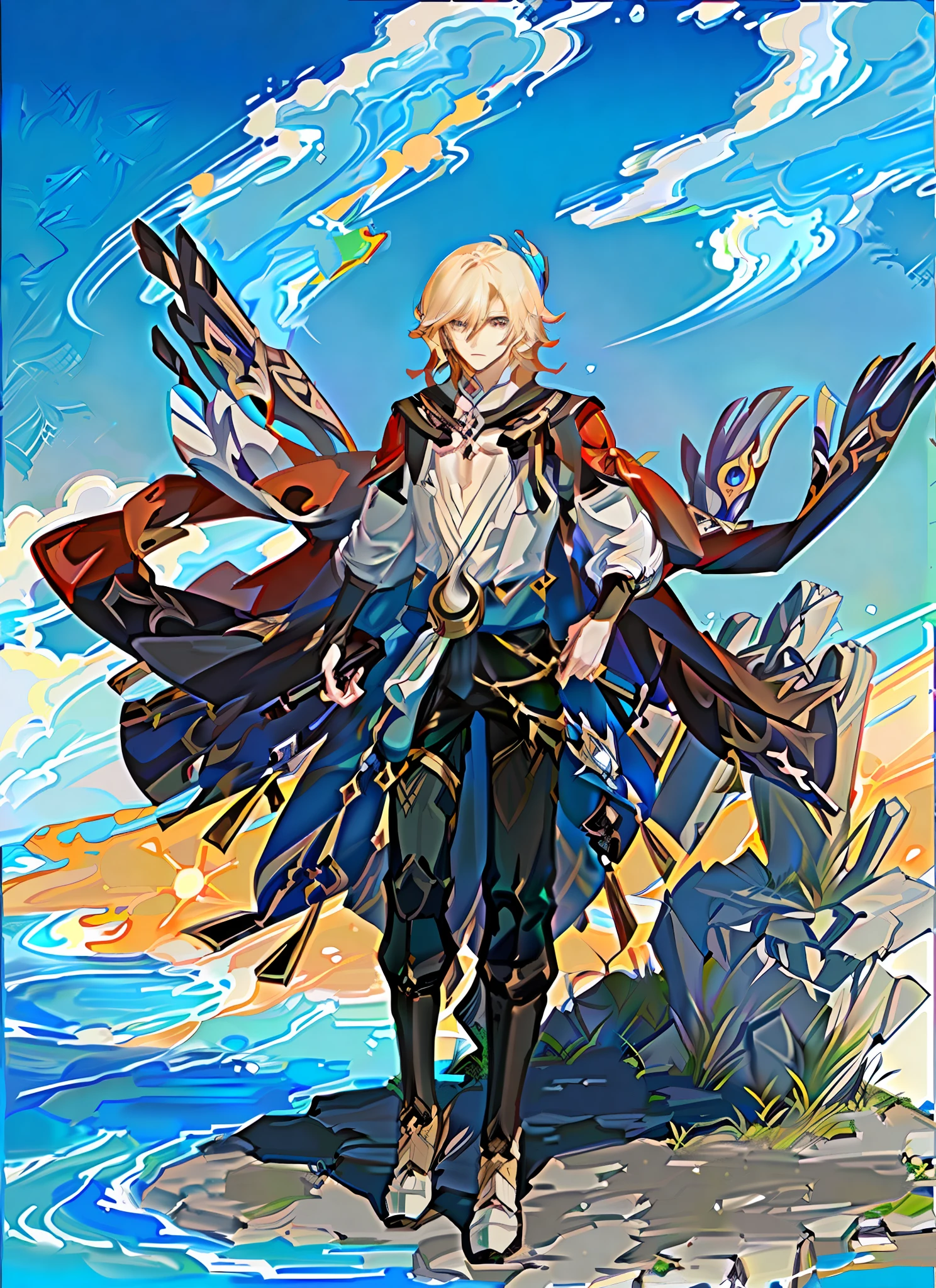kaveh genshin impact, 1male, high detailed official artwork, beautiful celestial mage, splash art anime, detailed key anime art, official artwork