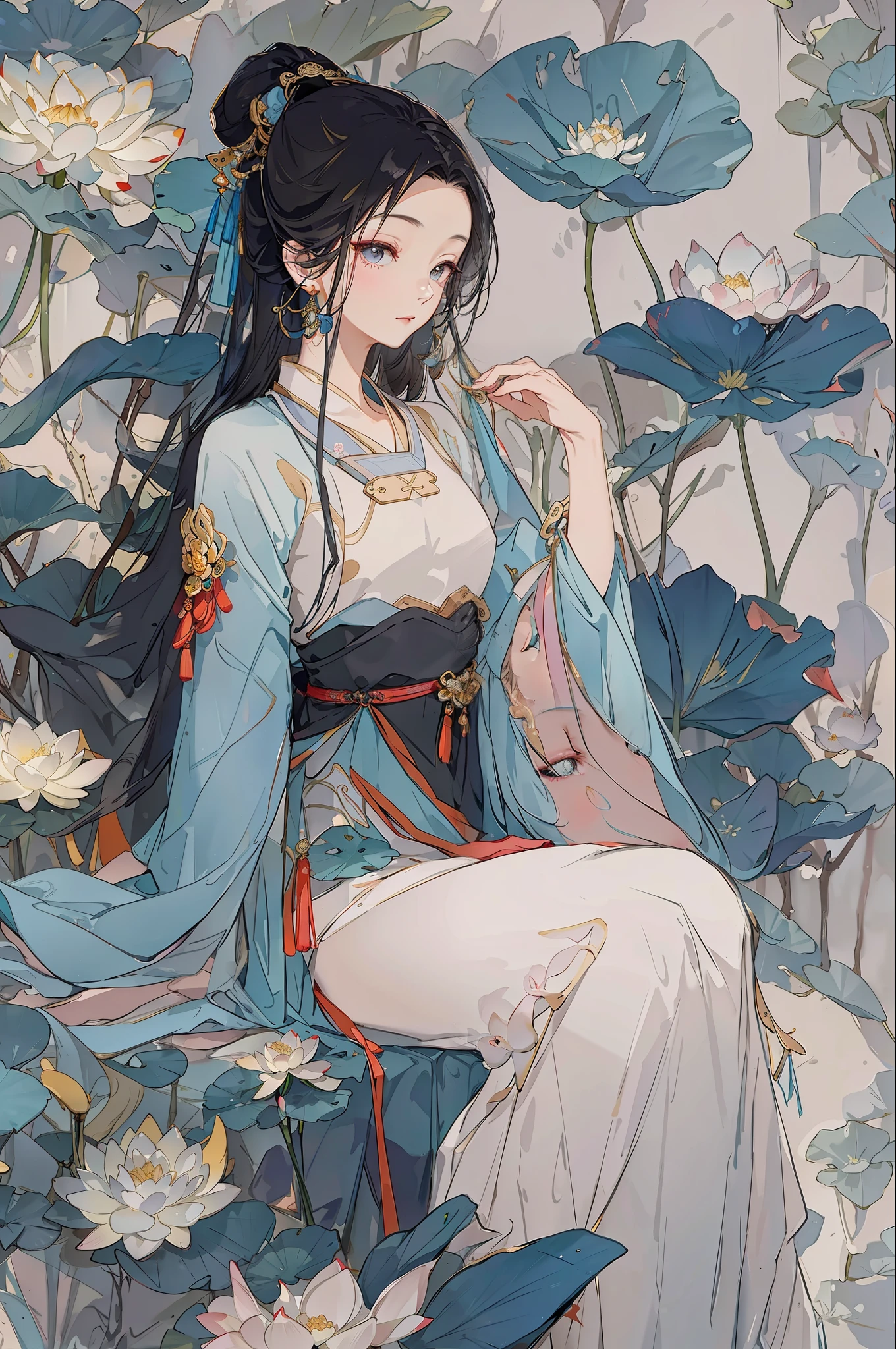 An ancient Chinese beauty sitting on a stone, wearing ancient Chinese clothing, flowing tulle, light silk, lazy posture, large lotus leaf, lotus, ink painting style, clean color, decisive cutting, blank, freehand, masterpiece, super detailed, epic composition, high quality, the highest quality, 4k --v 6