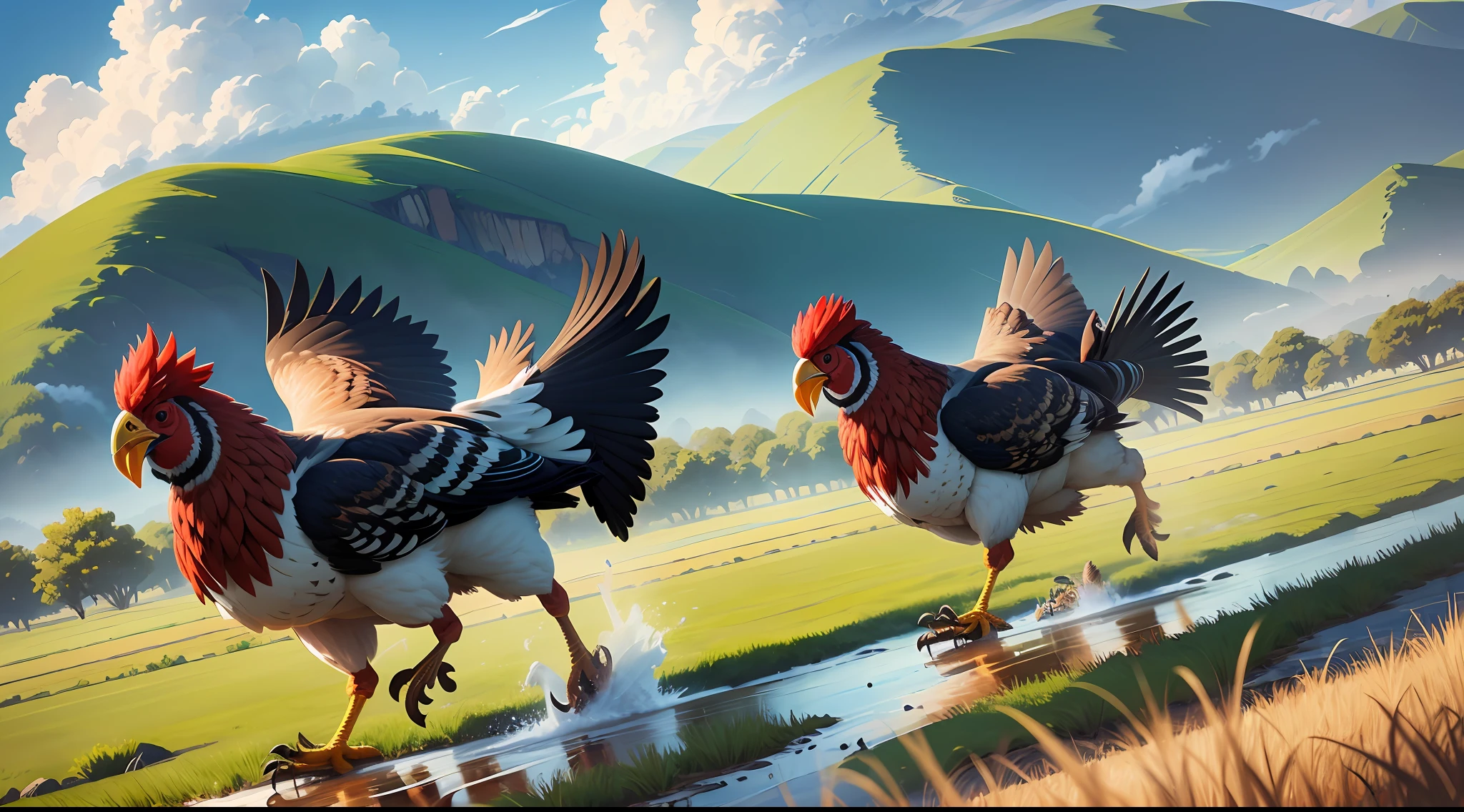 Two cute big roosters running on the vast grassland with river peaks and blue sky and white clouds in the background, Shinkai Makoto style, very detailed, super high resolution, 8K UHD