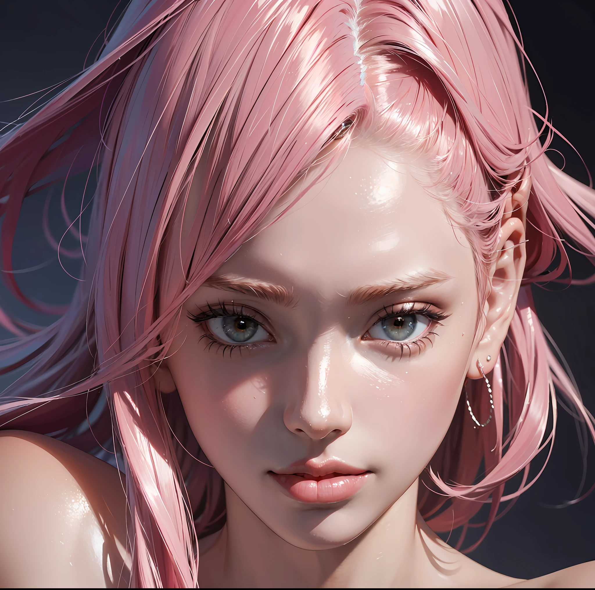(Masterpiece,best quality, ultra high res) ,detail face, perfect face, detail eyes, expressive eyes, parted lips, close up, side, pink hair, straight bob hair, beauty face, (dasha taaran)