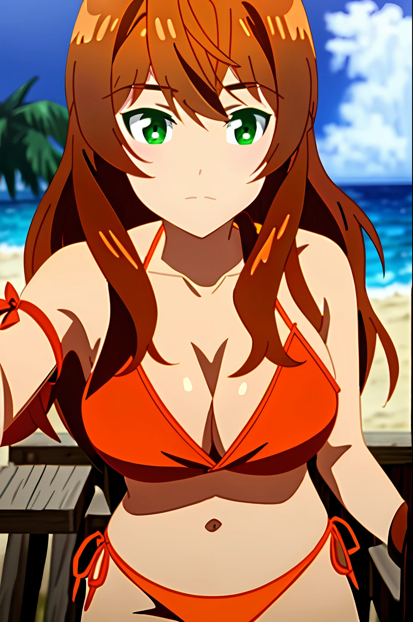 masterpiece, best quality, anime art style, yuuka, shoulder-length wavy brown hair, emerald eyes, (((big breasts))), (((orange bikini))), playing on the beach, navel uncovered, chest in sight, legs in the sand, (((full sensual body)))