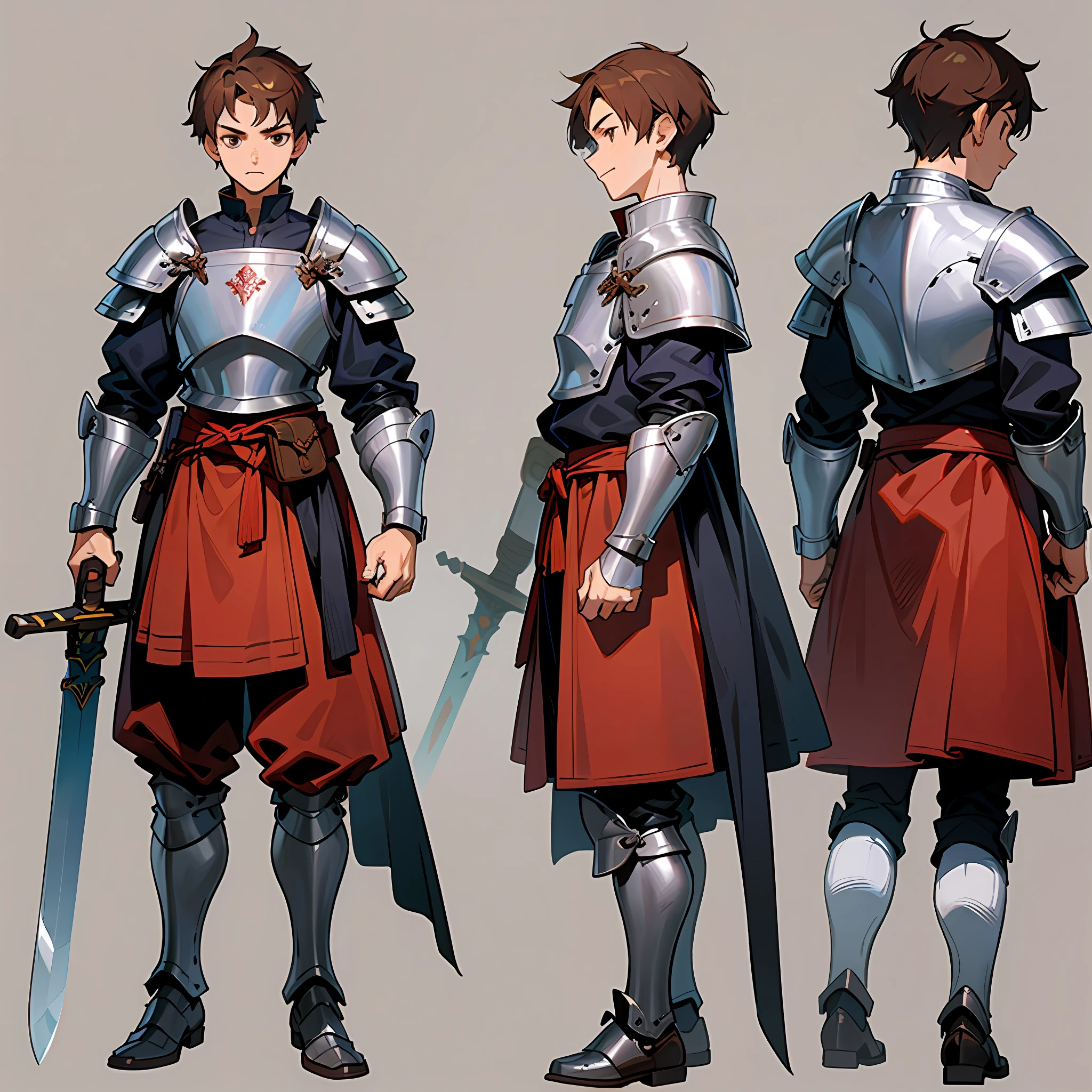 (character design sheet, same character, front, side, back), illustration, (simple background, white background: 1.3), a -yeld te1 boy, brown short hair, short hair parted in the middle, bright eyes, without a beard, without a goatee, no facial hair, silver and red medieval knight armor, red clothes, medieval warrior, boy, holding an medieval sword, multiple views, Multiple views of the same character in the same outfit:1.3