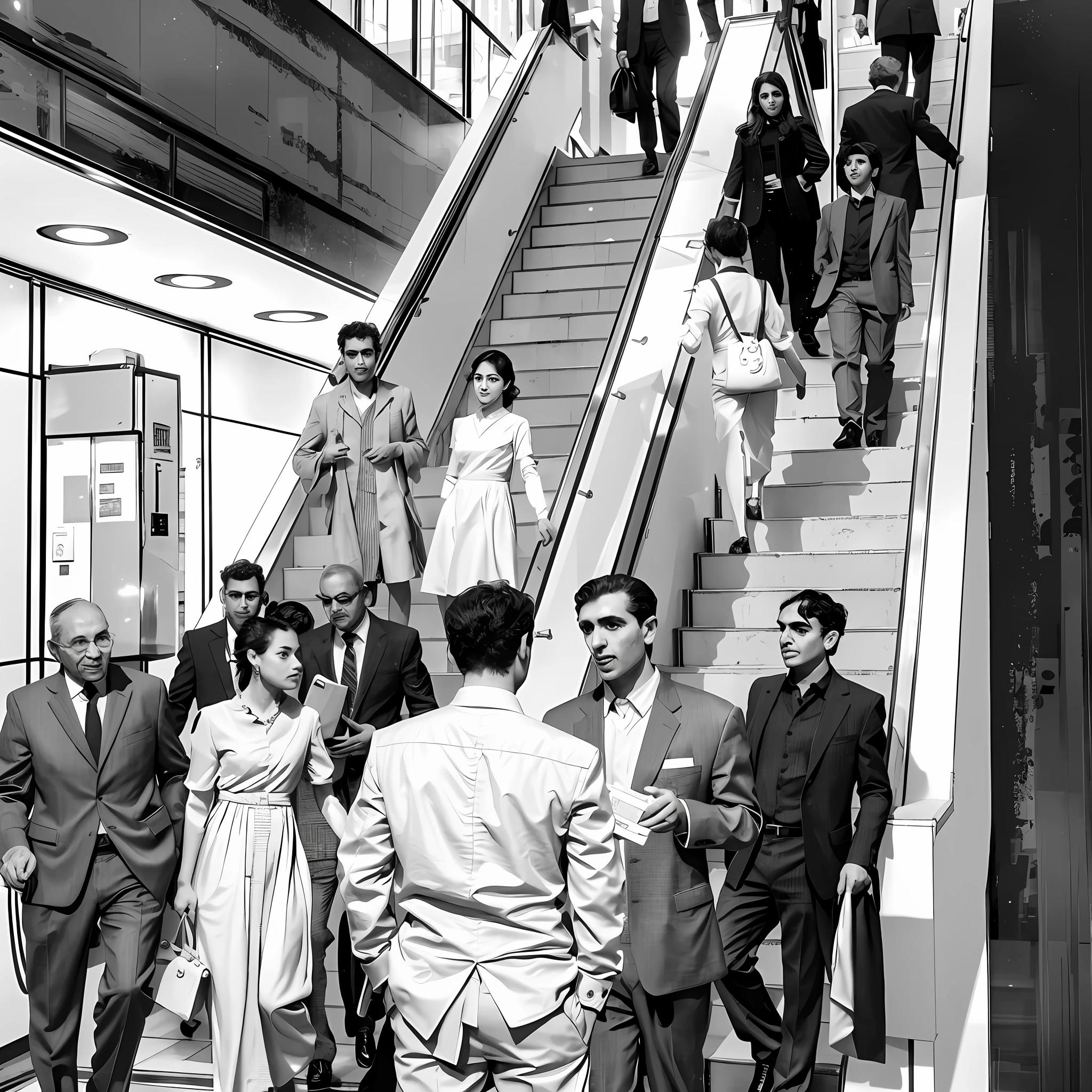 several people are walking up and down a set of stairs, group of people in an elevator, by Arthur Sarkissian, by Nazmi Ziya Güran, bustling with people, inspired by Alfred Eisenstaedt, by Nevin Çokay, hustle and bustle, escalators, iralki nadar, by Taravat Jalali Farahani