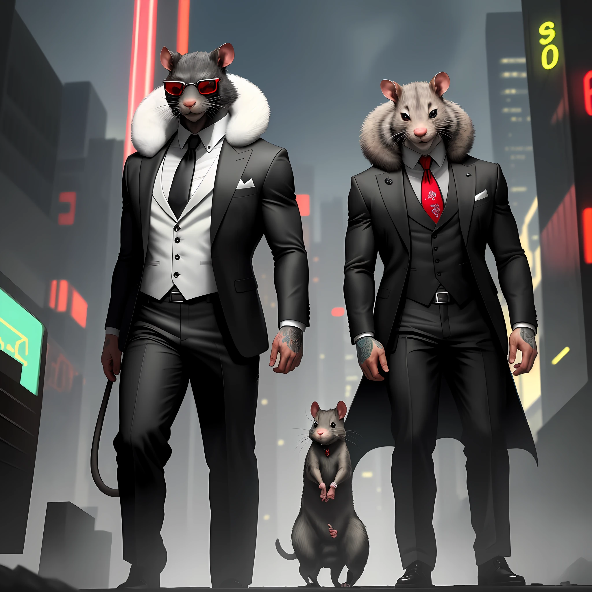 ((best quality)), ((ultradetailed)), ((masterpiece)), illustration, Scene structure: Animal anthropomorphic rats as poppers, gray rat faces and human bodies. The fur is black, his eyes are blood-red, his expression is fierce, he is muscular, wears a white suit, wears exaggerated sunglasses, and has a full body portrait. Behind you are tall buildings and neon flashes. Tip composition: rat gangster, animal anthropomorphism, tattooed body, muscular, cityscape, tall buildings, neon signs