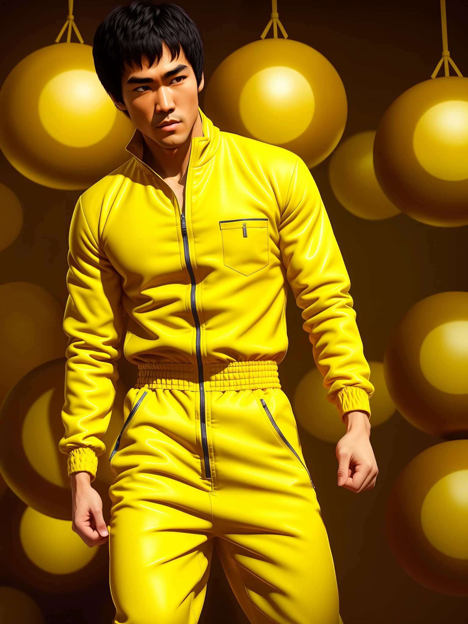 utrarealistic style, looking forward,full body photo,Bruce Lee,gym weight in the background,punching bag, perfect male face, ultra-detailed, (((wearing yellow jumpsuit)))), high detail, soft bokeh background + 8k + utrarealistic