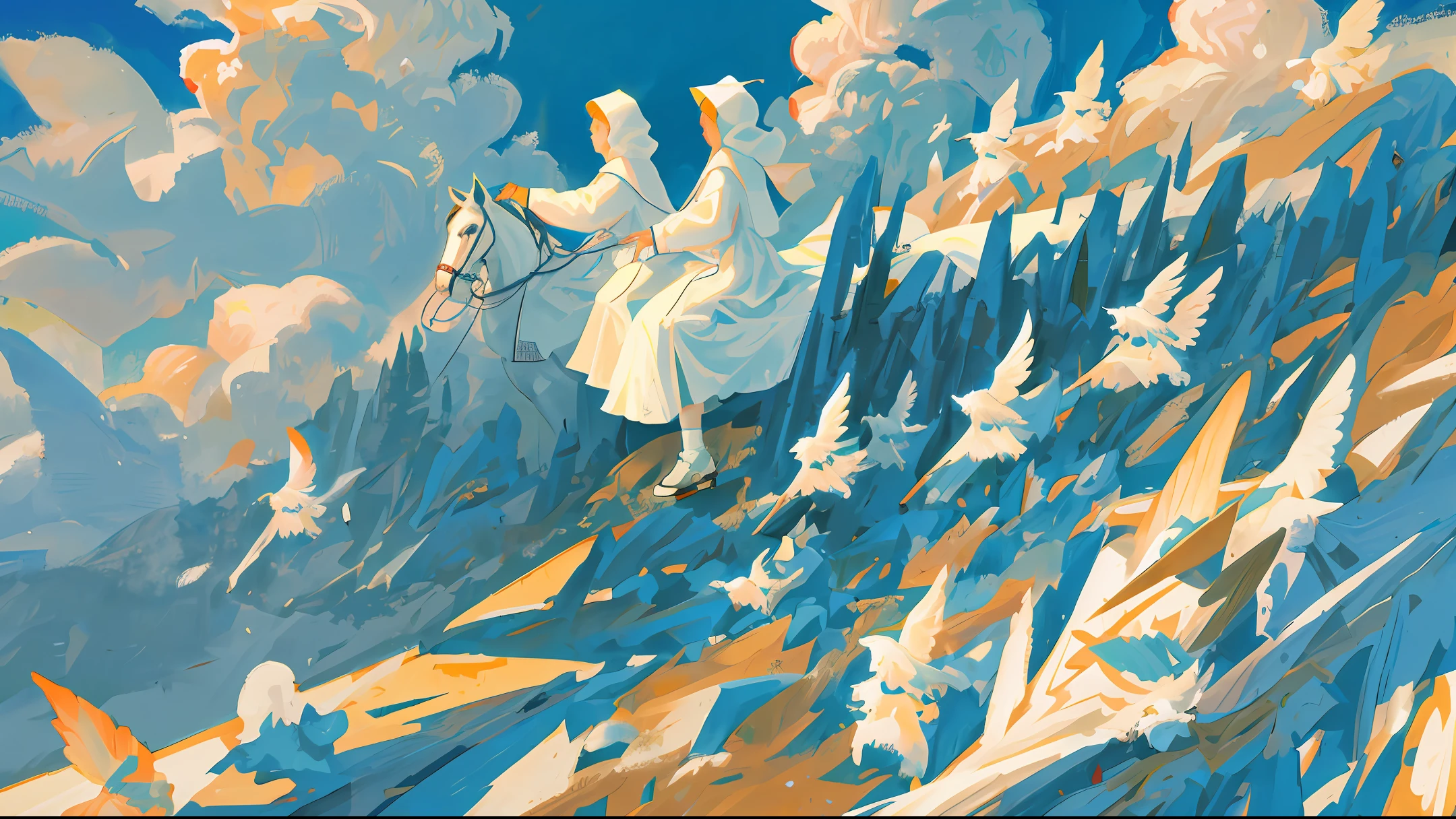 Angels in white with hoods covering their whole heads riding a white horse over the clouds