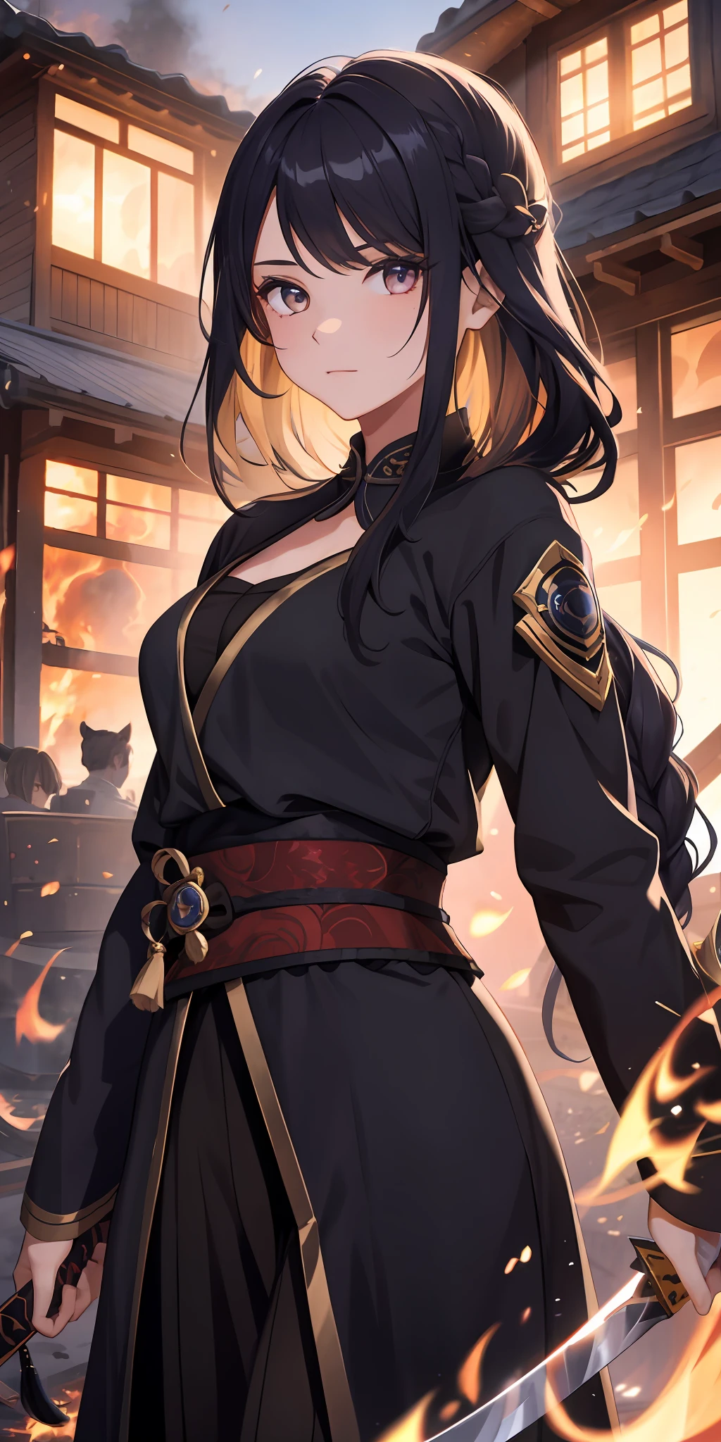1girl, beautiful hair, golden eye, katana, flames, burning houses, glowing, sidelighting, wallpaper,