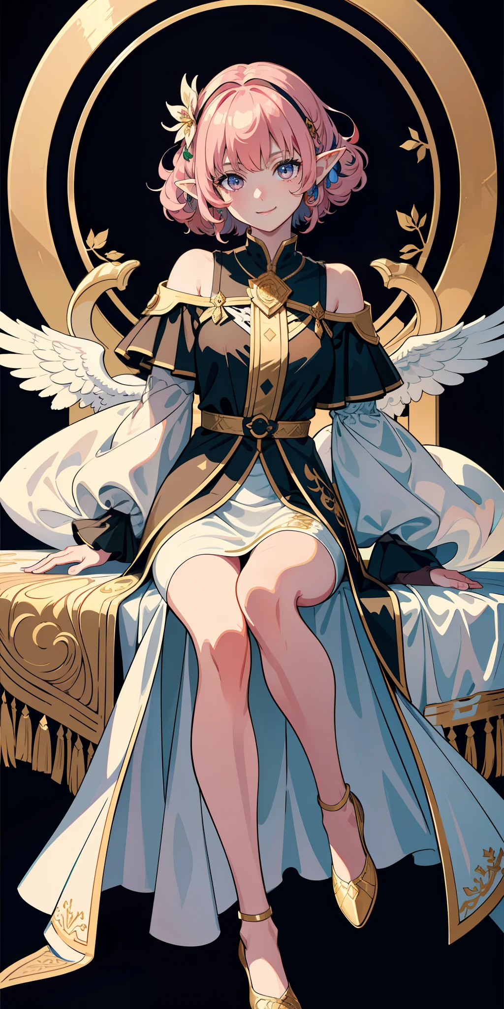 (Masterpiece: 1.2, highest quality), (Beautiful eyes of detail: 1.2), (Highly detailed CG Unity 8k wallpaper, masterpiece, highest quality, super detail, best shadow), (Detailed background), (Beautiful detailed face, beautiful detailed eyes), high contrast, (best lighting, very delicate and beautiful), 1girl, full body, elf, pink hair, bob curls, golden eyes, smile, character sheet