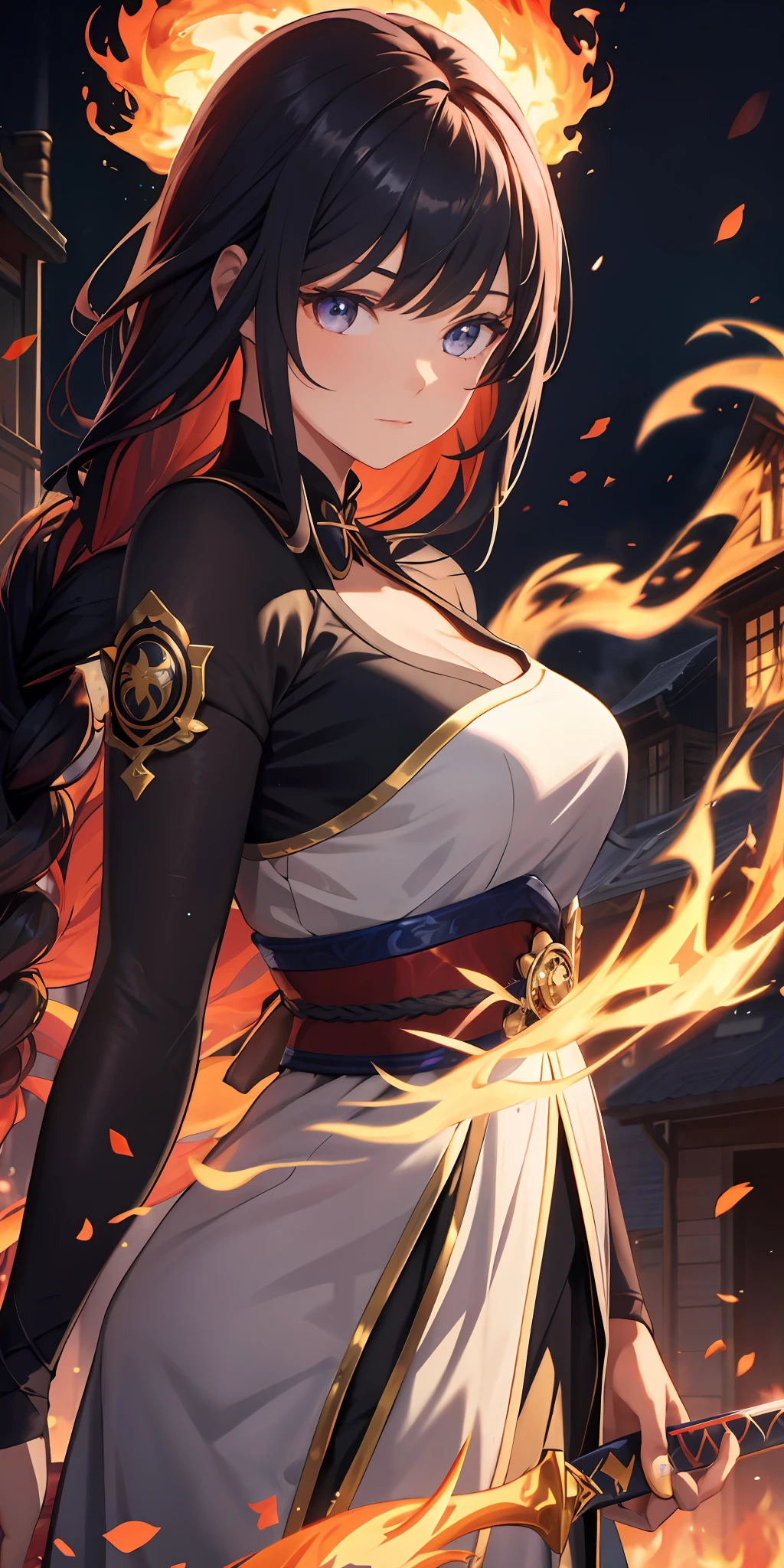 1girl, beautiful hair, golden eye, katana, flames, burning houses, glowing, sidelighting, wallpaper,