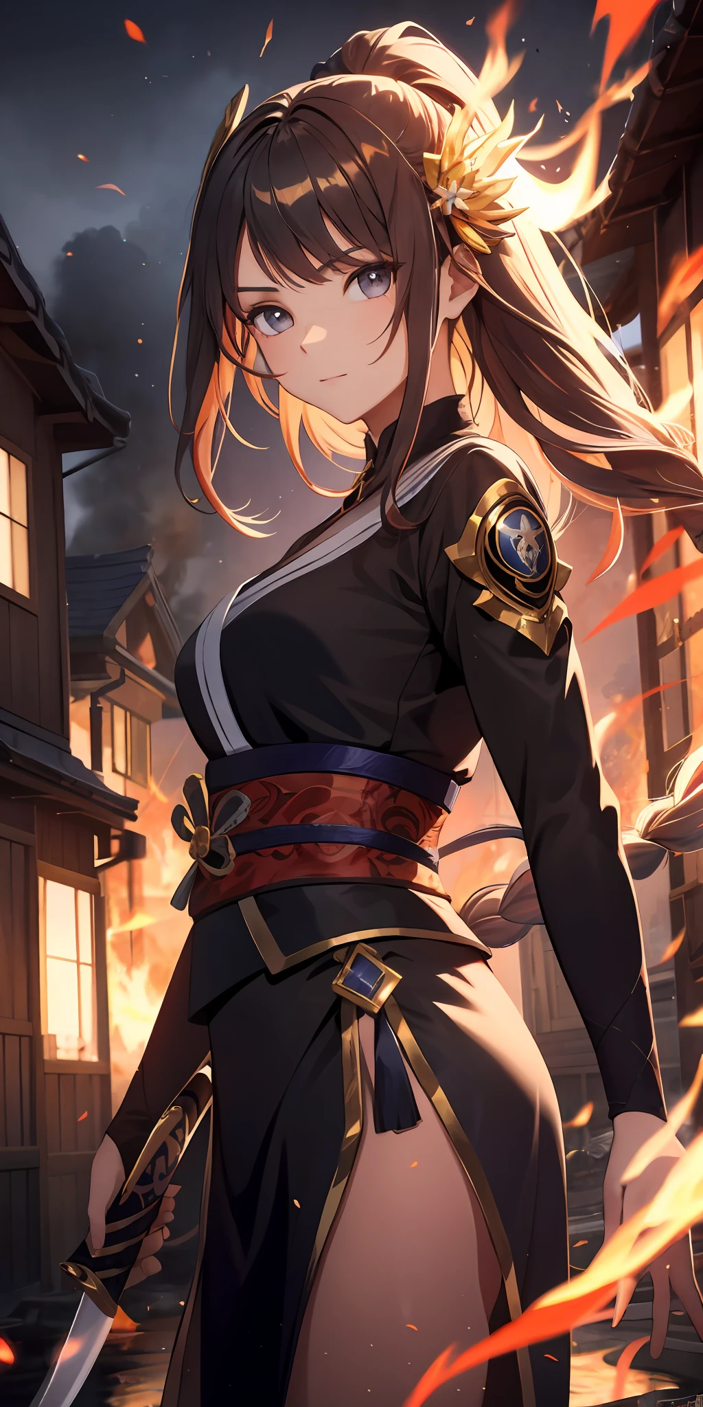 1girl, beautiful hair, golden eye, katana, flames, burning houses, glowing, sidelighting, wallpaper,