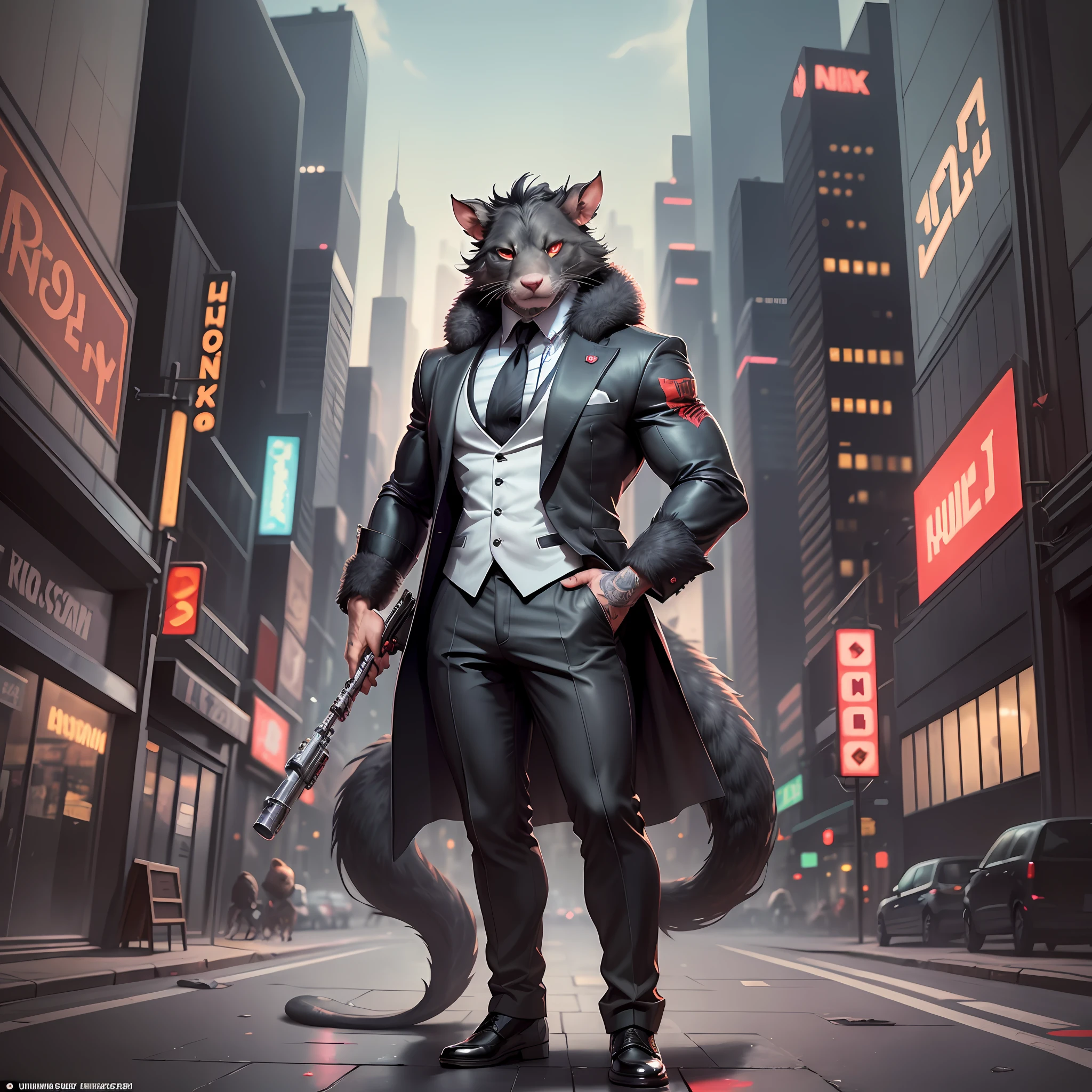 ((best quality)), ((ultradetailed)), ((masterpiece)), illustration, Scene structure: Animal anthropomorphic rats as poppers, gray rat faces and human bodies. The fur is black, his eyes are blood-red, his expression is fierce, his movements are exaggerated, he is muscular, wears a white suit, wears exaggerated sunglasses, and is full body portrait. Behind you are tall buildings and neon flashes. Tip composition: rat gangster, animal anthropomorphism, tattooed body, muscular, cityscape, tall buildings, neon signs