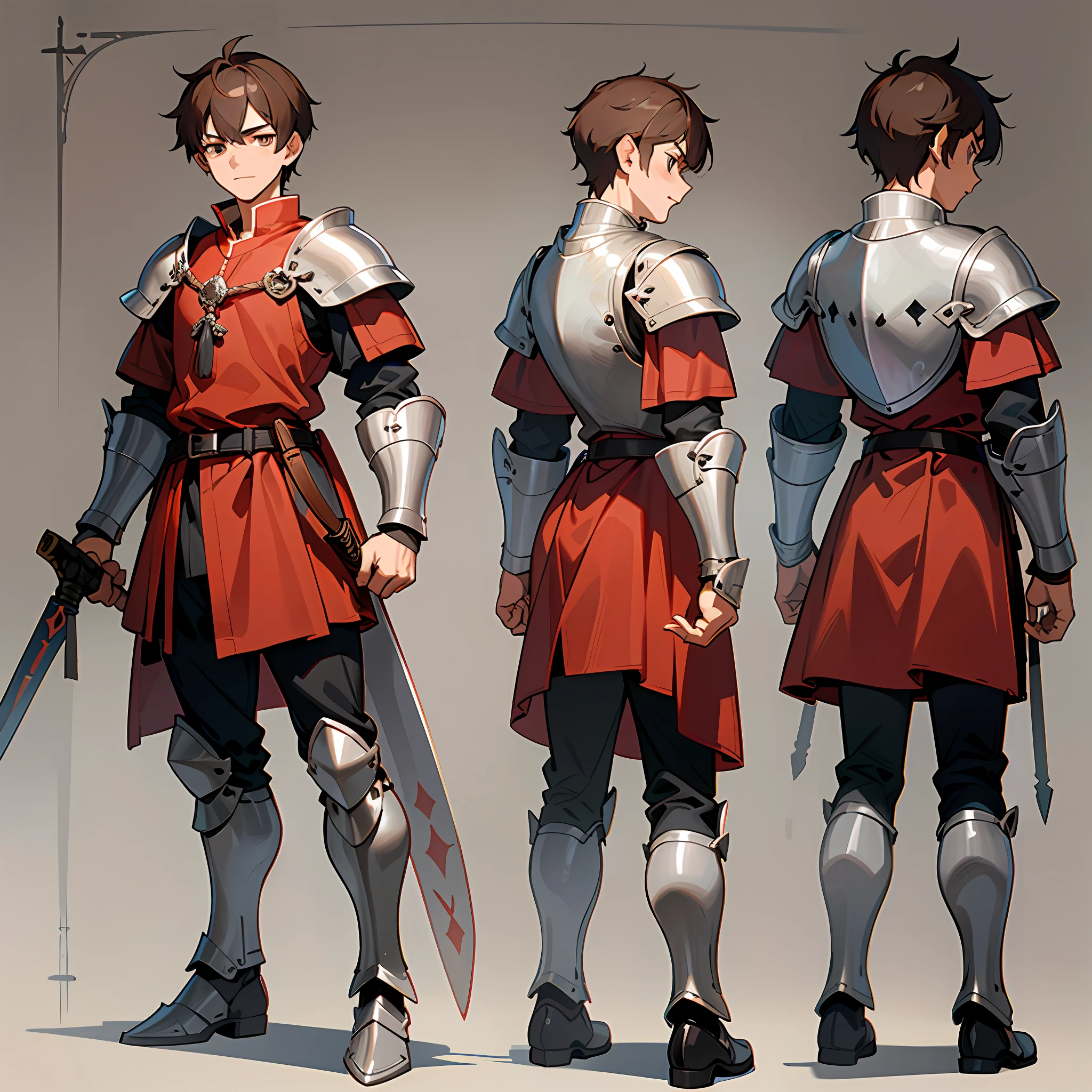 (character design sheet, same character, front, side, back), illustration, (simple background, white background: 1.3), a 17-year-old teenage boy, 1 boy, brown short hair, short hair parted in the middle, bright eyes, without a beard, without a goatee, no facial hair, silver and red medieval knight armor, red clothes, medieval warrior, boy, holding an medieval sword, multiple views, Multiple views of the same character in the same outfit:1.3