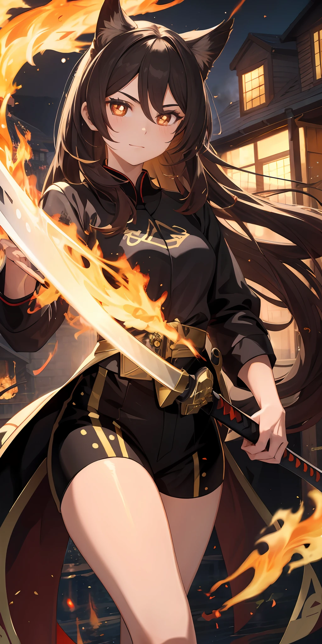 1girl, beautiful hair, golden eye, katana, flames, burning houses, glowing, sidelighting, wallpaper,