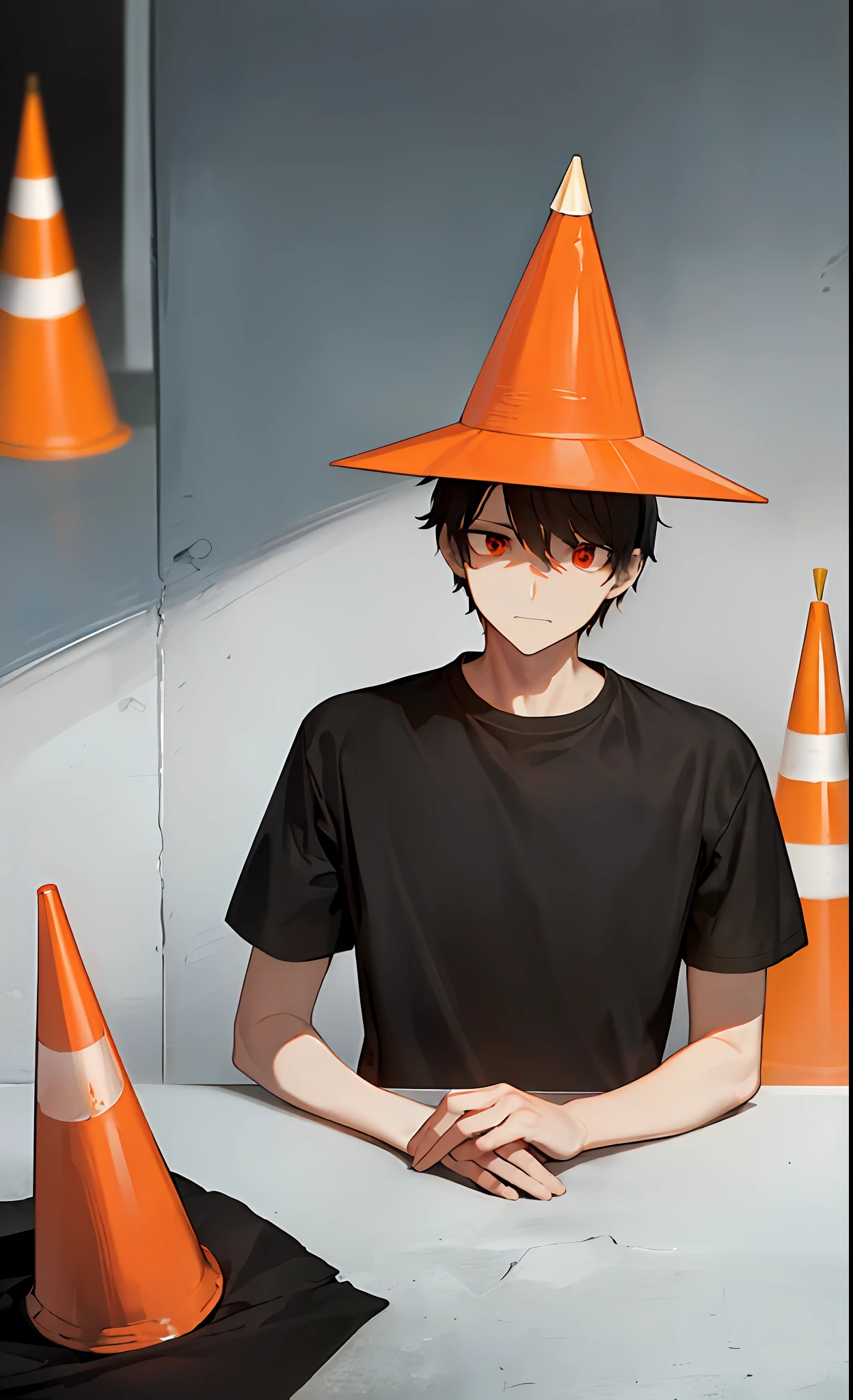 (1 man: 1.3), (solid color:1.2), shadows everywhere, portrait, short hair, (arrogant:1.4), blurred expression, black on background, red eyes, t-shirt, masterpiece, superlative, superlative, illustration, (with a traffic cone on the head), (with a traffic cone fully worn on the head), no error