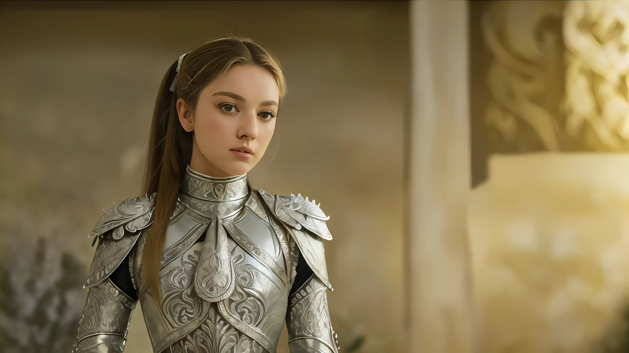 (8K, best quality:1.2), (masterpiece:1.37), (photo, photorealistic:1.37), (ultrahigh-res), full body, walking pose, shot from front, slow motion, female paladin wearing the full body, (light silver armour:1.2),(ornately decorated armor), (insanely detailed, bloom:1.5), (highest quality, Alessandro Casagrande, Greg Rutkowski, Sally Mann, concept art, 4k), (analog:1.2), (high sharpness), (detailed pupils:1.1), detailed face and eyes, Masterpiece, best quality, (highly detailed photo:1.1), (long blonde Hair, ponytail,ecstatic:1.1), (young woman:1.1), sharp, (perfect body:1.1), realistic, real shadow, 3d, (temple background:1.2), (by Michelangelo), photographed by Canan EOS R6, 135mm, 1/1250s, f/2.8, ISO 400