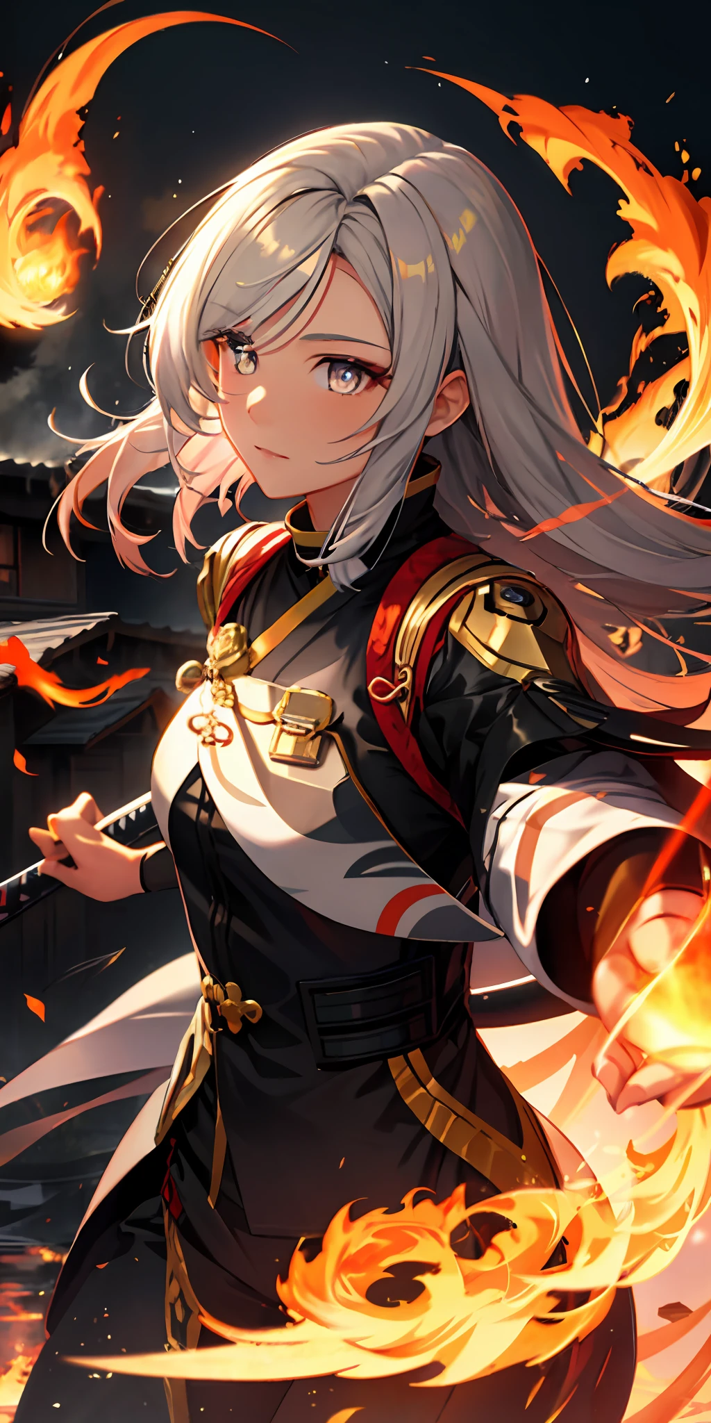 1girl, beautiful hair, golden eye, katana, flames, burning houses, glowing, sidelighting, wallpaper,