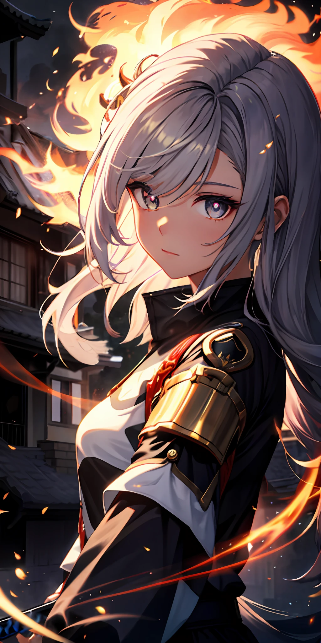 1girl, beautiful hair, golden eye, katana, flames, burning houses, glowing, sidelighting, wallpaper,