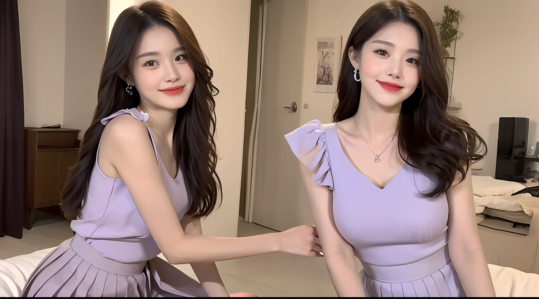 ((top quality, 8k, masterpiece: 1.3)), focus: 1.2, perfect body beauty: 1.4, ass: 1.2, ((delicate long hair)), (pleated skirt: 1.1), (room, person: 1.2), wet skin, purple dress, mini skirt, very detailed face and skin texture, narrow eyes, double eyelids, whitening skin, smile, wearing circle necklace,