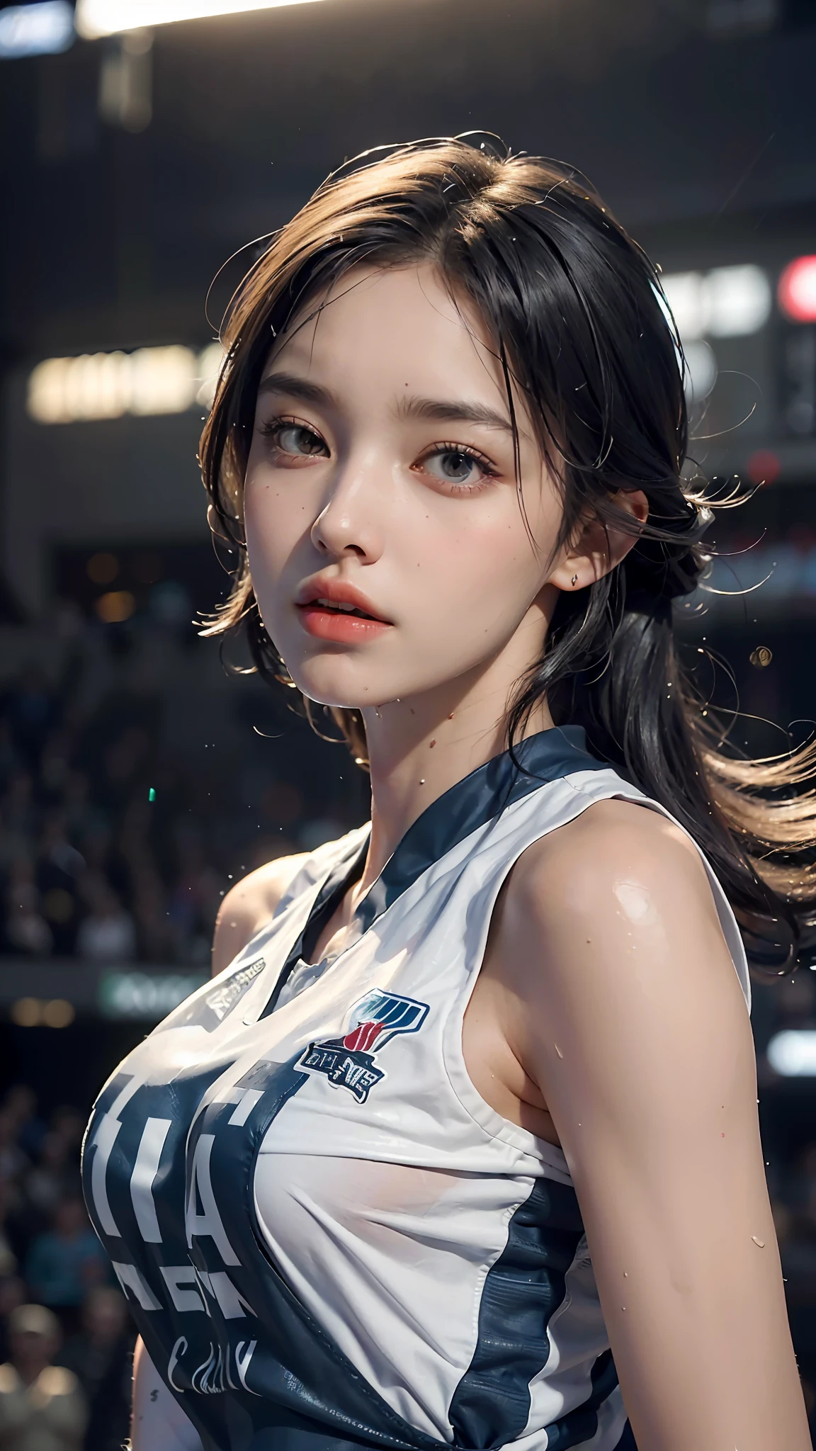 Top Quality, Ultra High Resolution, (Photorealistic: 1.4), 8K Resolution, (Woman in Basketball uniform), (Random Hair: 1.3), (Realistic Hair: 1.2), (Realistic Eyes: 1.2), (Beauty Face: 1.3), (large breasts), (Wet Skin: 1.3),(dynamic angle:1.5),(furrowed brow),(from front),