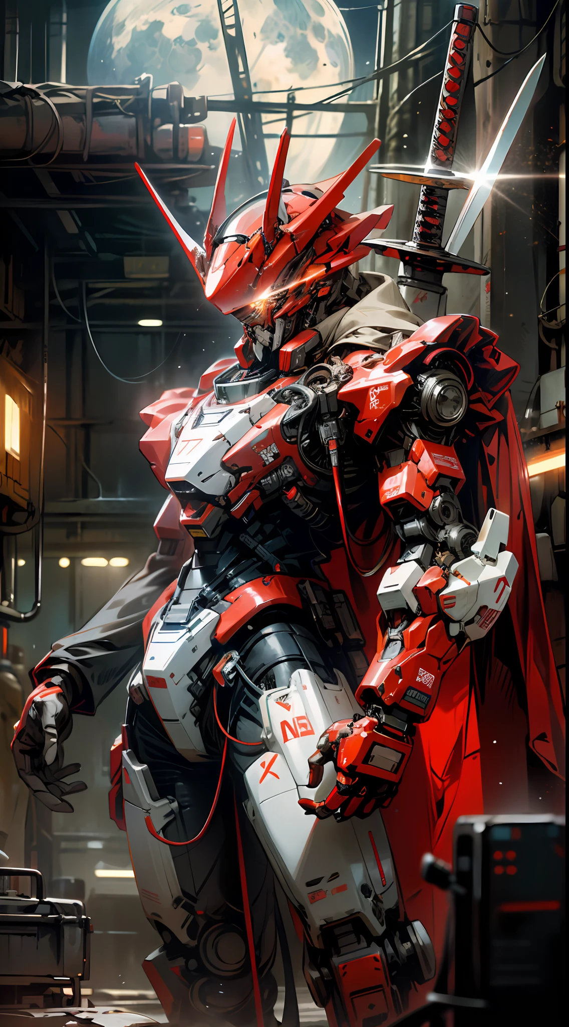 On the moon, the red mech holds a long sword, the environment is glowing, the mecha's eyes are deep and moving, and against the background of the Milky Way, the bright neon lights flash, accompanied by science fiction and cyberpunk atmosphere.