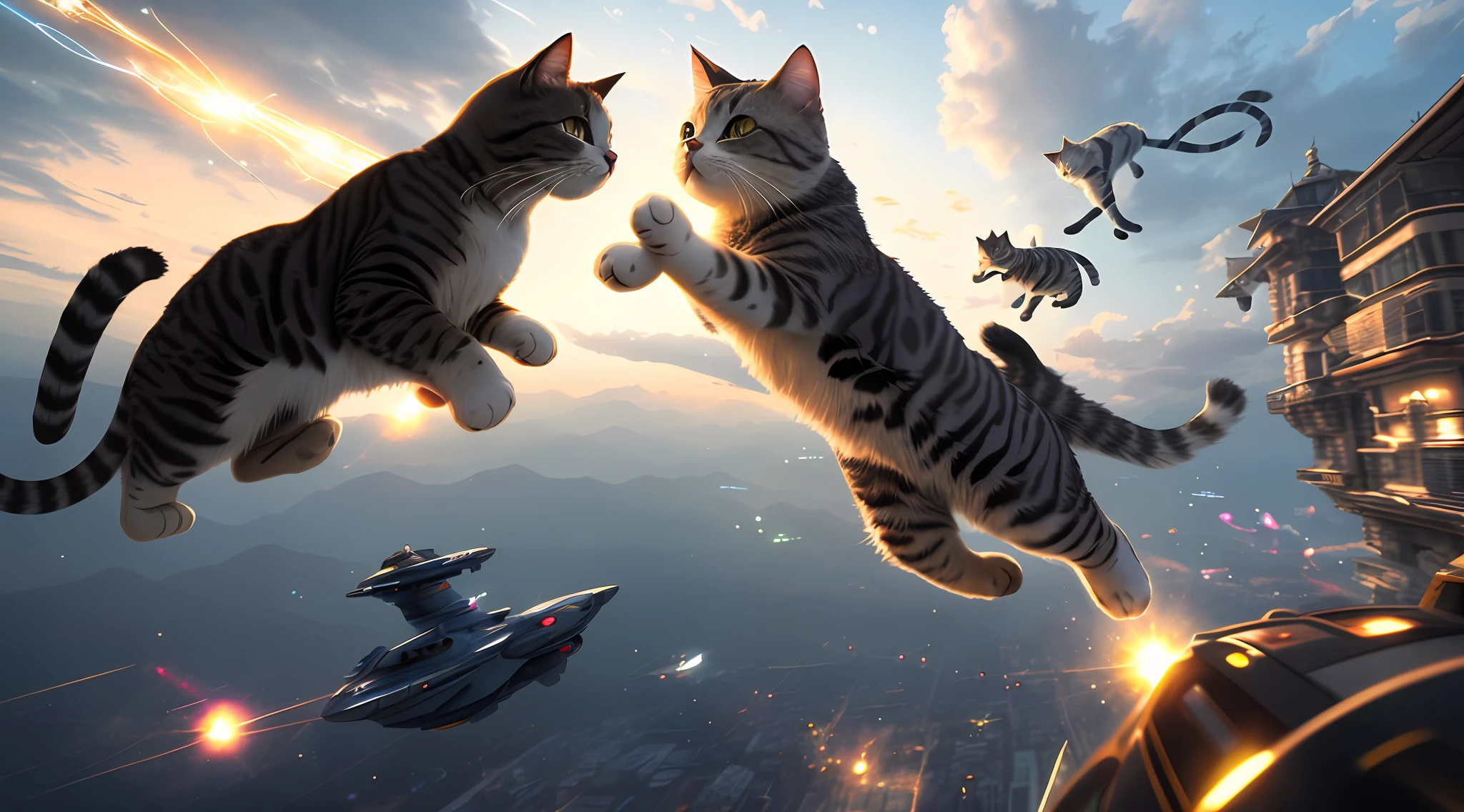 cats flying in the sky with a spaceship in the background, cat summoning a spaceship, 4k highly detailed digital art, cgi art, electric cats that fly over ice, cat summons a spaceship, cat attacking tokyo, cg art, kittens in outer space, planet of the cats, amazing cgi, 4k detailed digital art, cat is floating in air
