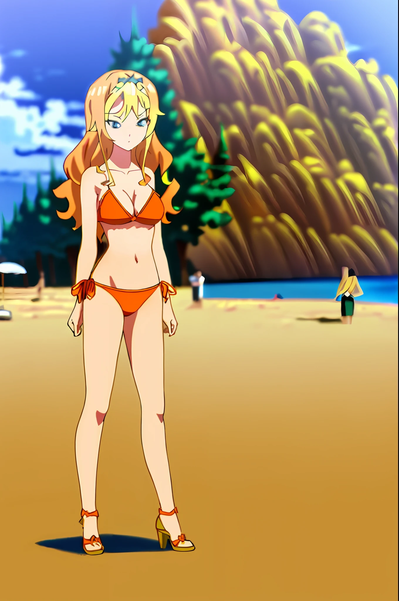 masterpiece, best quality, anime art style, Liliana, ((shoulder-length wavy blonde hair)), blue eyes, (((big breasts))), (((orange bikini))), playing on the beach, navel uncovered, chest in sight, legs in the sand, (((full body sensual)))