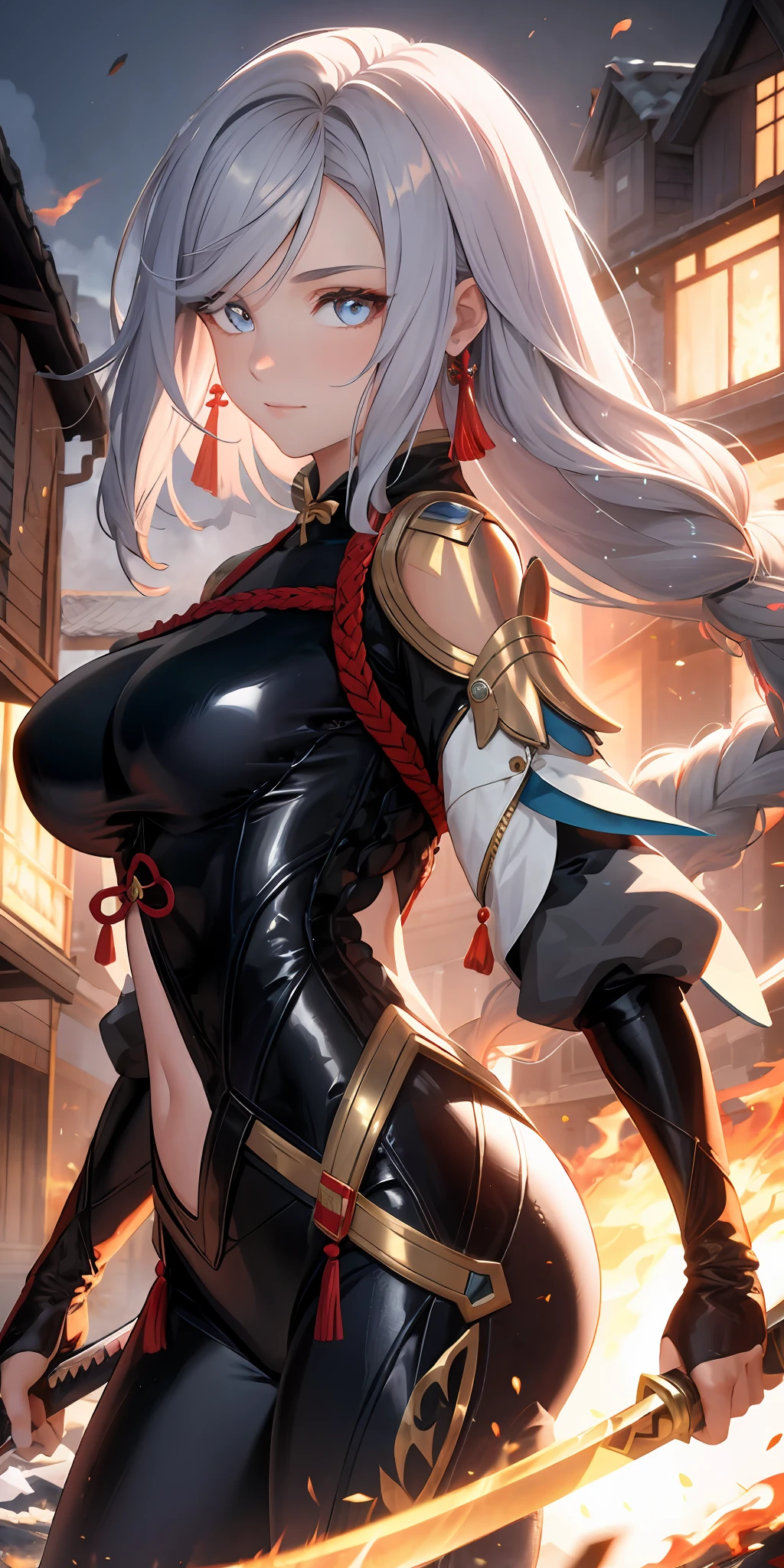 1girl, beautiful hair, golden eye, katana, flames, burning houses, glowing, sidelighting, wallpaper,