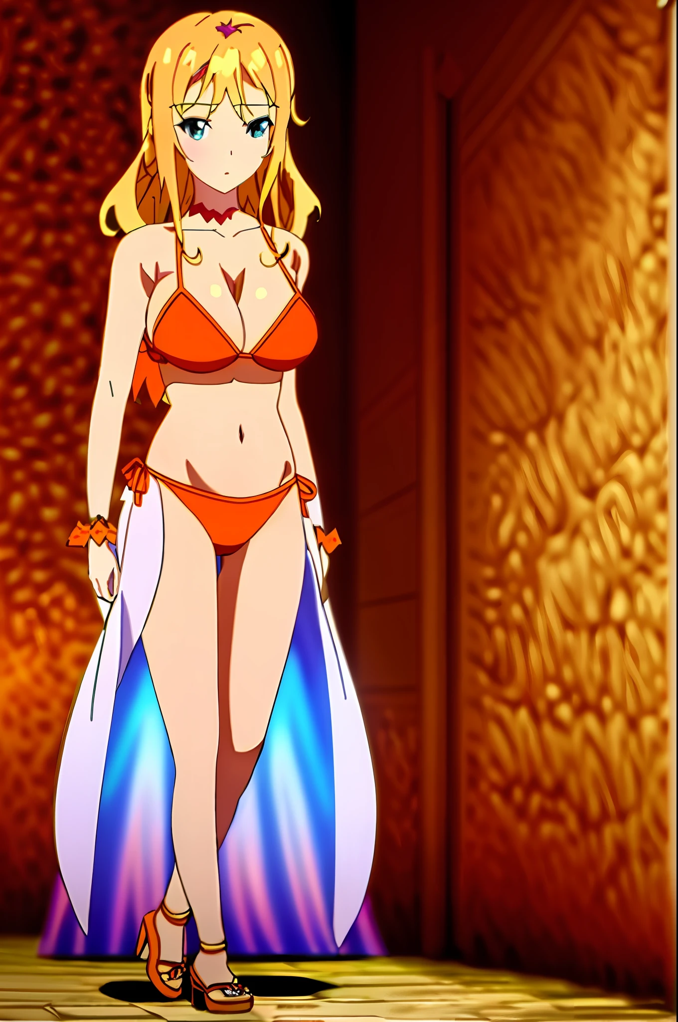 masterpiece, best quality, anime art style, Liliana, ((shoulder-length wavy blonde hair)), blue eyes, (((big breasts))), (((orange bikini))), playing on the beach, navel uncovered, chest in sight, legs in the sand, (((full body sensual)))