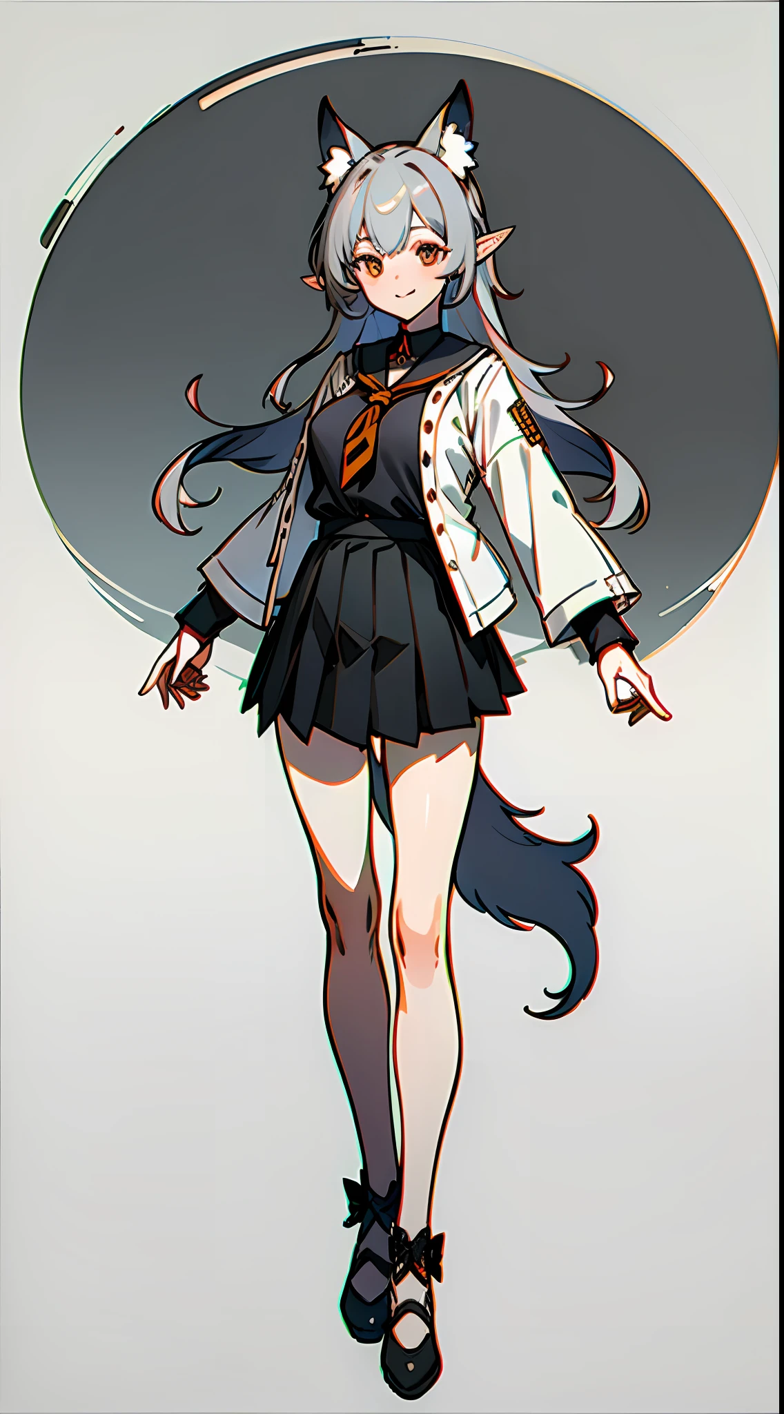 masterpiece, (masterpiece,best quality,official art,extremely detailed CG unity 8k wallpaper), girl, mature female, mature, incredibly_absurdres, simple background, white background, character chart, negative space, tachi-e, reference sheet, traditional media, fourth wall, faux traditional media, colored pencil (medium), white theme, pastel colors, colored with greyscale background, three sided view, highres, looking at viewer, full body, facing viewer, straight-on, necktie between breasts, detached collar, black neckwear, standing, spread arms, fox ears, 1girl, solo, cat girl, elf, harem, milf, goddess, smile, closed mouth, lips, makeup, light blush, wide-eyed, buttons, topless, lowleg, cropped shirt, open-chest sweater, sailor shirt, unbuttoned shirt, open robe, clothes between breasts, bikini top, ribbon, hair bow, long hair, grey hair, black hair, pleated skirt, fox tail, pantyshot, side-tie panties, bow panties, bare legs, maebari, ankle lace-up, best quality, beautiful detailed, symmetrical face，人物设计，御姐，黑色系