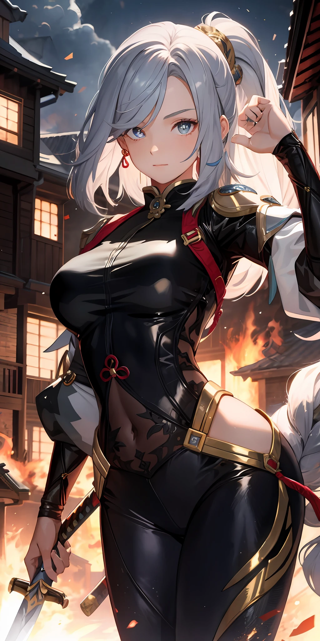 1girl, beautiful hair, golden eye, katana, flames, burning houses, glowing, sidelighting, wallpaper,