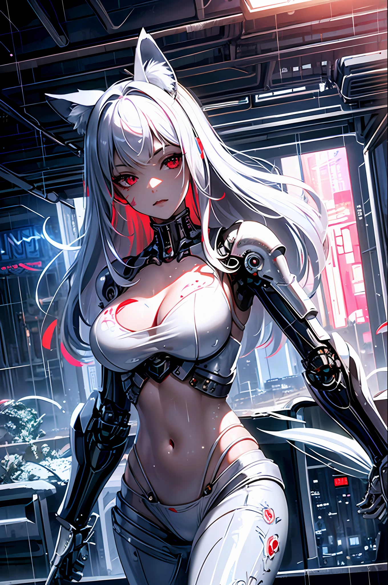 ((masterpiece)), (((best quality))), ((ultra-detailed)), ((illustration)), reflection, sharp focus, front lit, intense shadows, realistic
(beautiful detailed eyes), eyelashes, an extremely delicate and beautiful girl, wolf ears, ((red eye)), silver hair, long hair, navel, large breasts, shiny skin,
mecha_musume, machanical_parts, robot_joints,
silver letter embroidered transparent|white latex suit, mask
cinematic lighting, ray tracing, Depth of field, dynamic angle, looking at viewer, (((cyberpunk city))), (((the best building))), (((rain))), (blood on face)