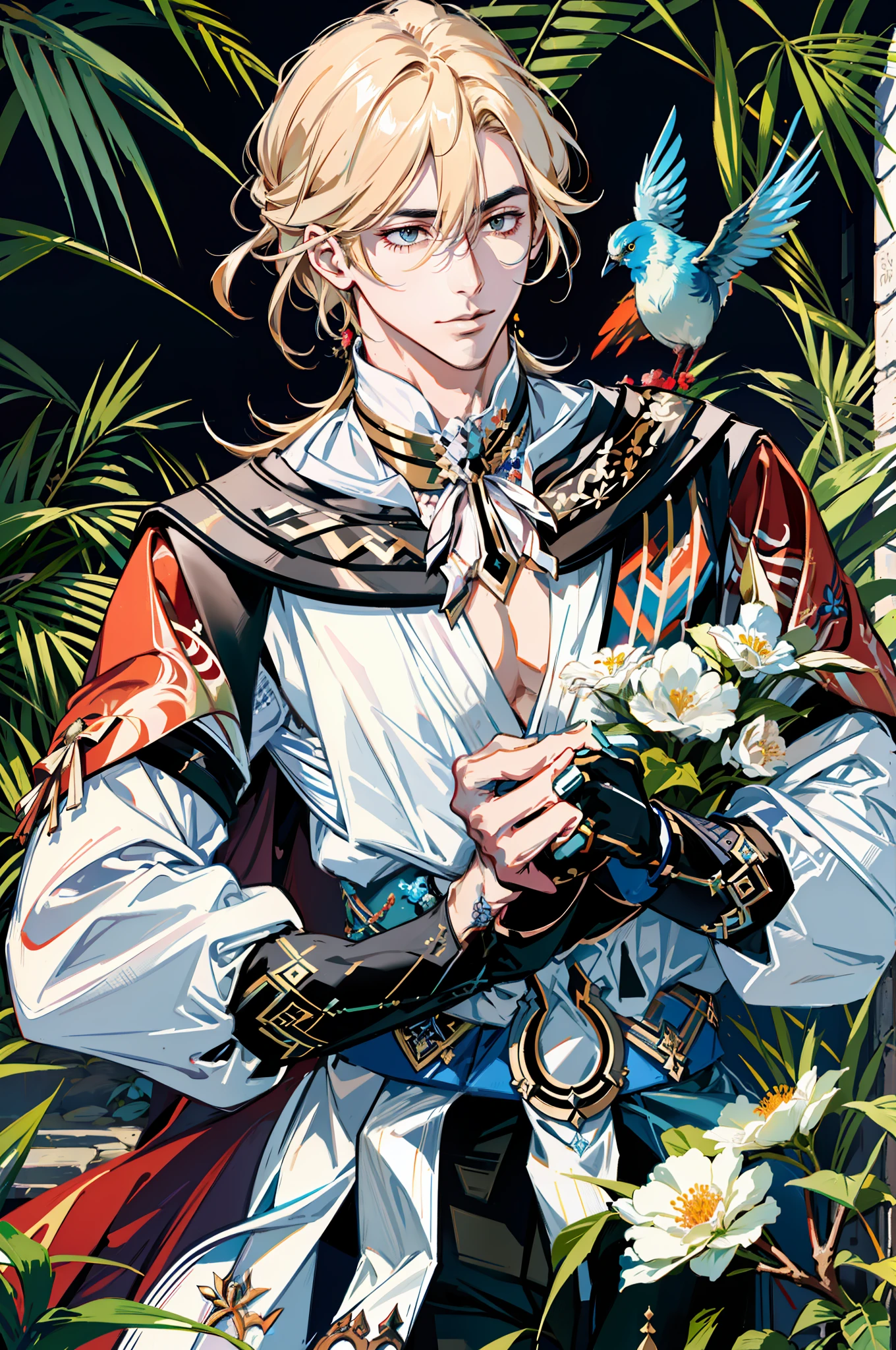 kaveh genshin impact, in the garden with flowers and blooming trees, colorful birds around, (absurdres, highres, ultra detailed), 1 male, handsome, tall muscular guy, best ratio four finger and one thumb, best light and shadow,  detasiled sunlight, dappled sunlight, day, depth of field, plants, summer, (dutch angle)