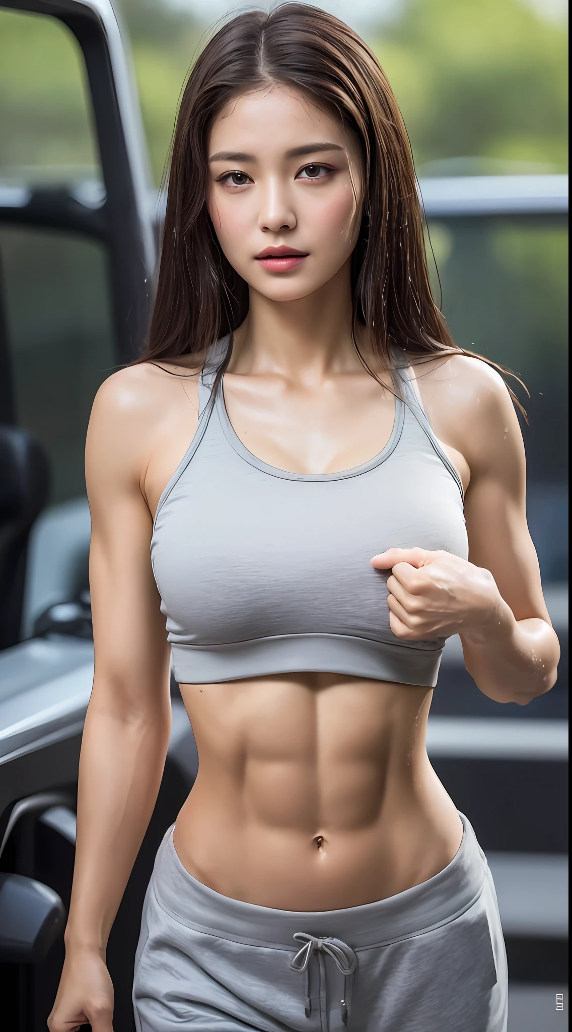 ((Best Quality, 4K, Masterpiece: 1.3)), a beautiful woman with perfect figure: 1.4, (Abs, developed hand muscles: 1.2), dark brown hair, sweatpants, wet body, gym, highly detailed facial and skin texture, detailed eyes, double eyelids