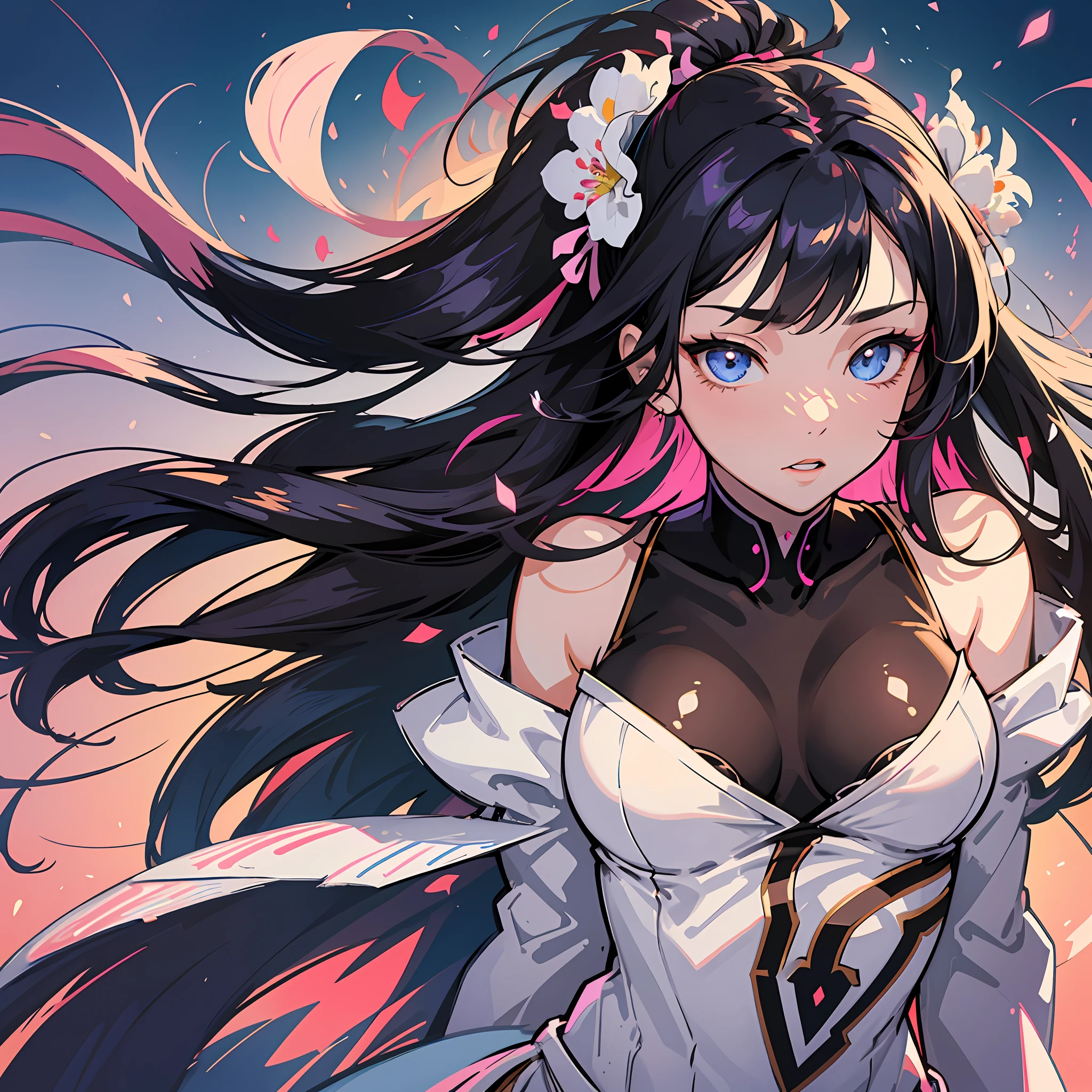 flat vector art, woman, beautiful anime style woman, flat color, wide angle, clean detailed faces, intracate clothing, analogous colors, glowing shadows, beautiful gradient, depth of field, clean image, high quality, high detail, high definition, Luminous Studio graphics engine, cute face, slim waist, nice hips,