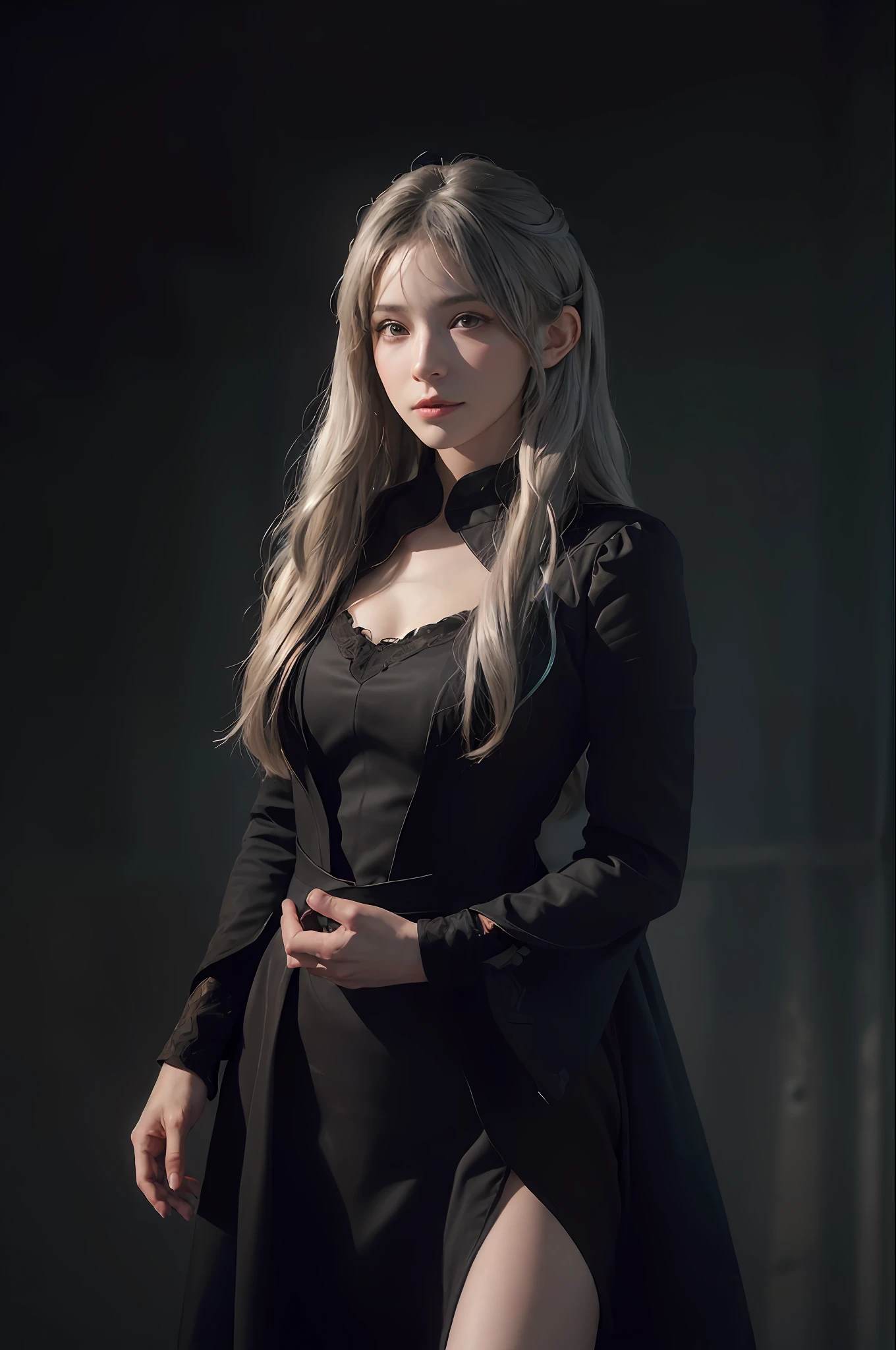 (front focus), (in the dark:1.6), Hyperrealist portrait of female by david hockney and alphonse mucha, fantasy art, photo realistic, dynamic lighting, artstation, poster, volumetric lighting, very detailed faces, 4 k, award winning, 1girl, in the dark, deep shadow, low key, cowboy shot, (official clothing:1.4), long hair, white hair