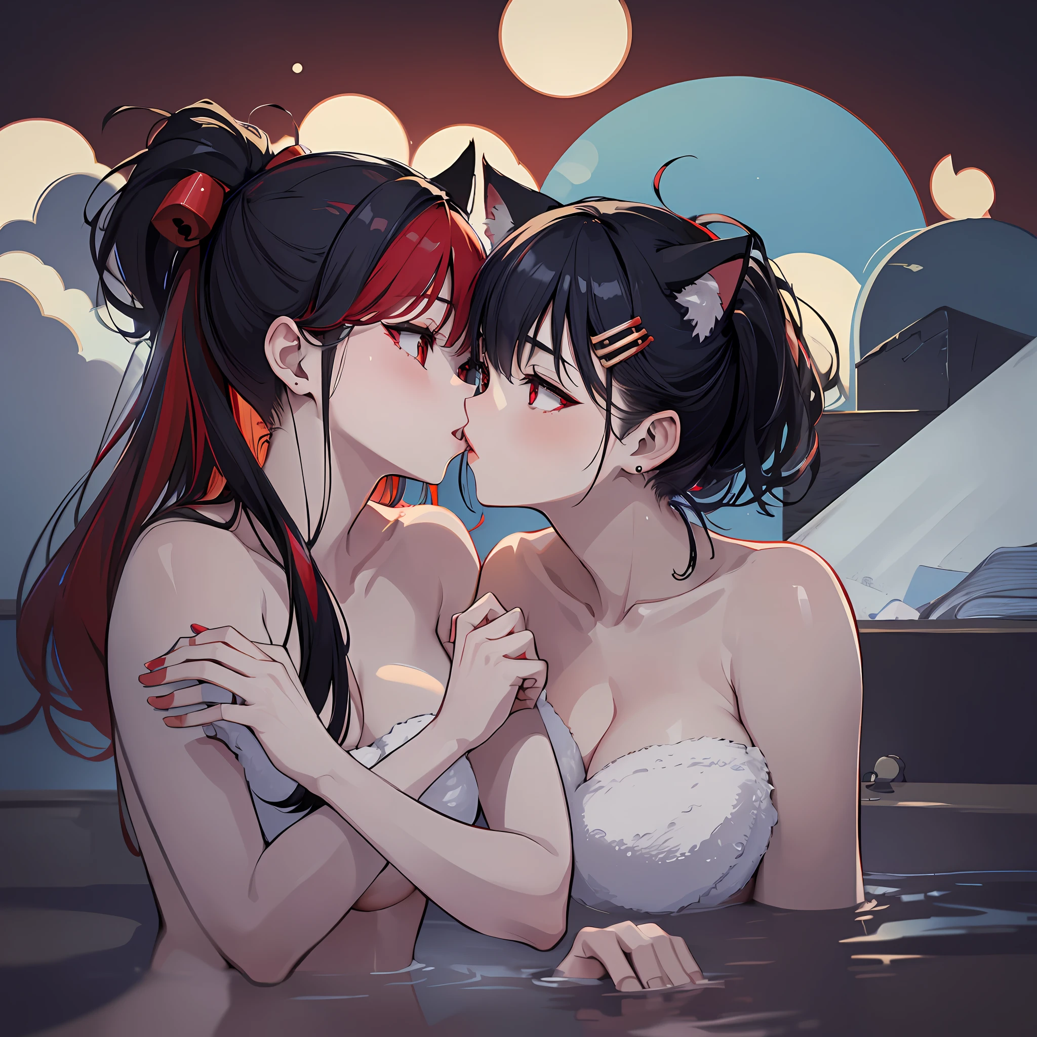masterpiece, high resolution, high quality, open-air bath, night, 2 girls, (bath towel, red hair ornament, big, cat ears, red eyes, pale colored hair, ponytail), (bath towel, black hair ornament, big, red eyes, black hair, ponytail), NSFW, seduction, kissing